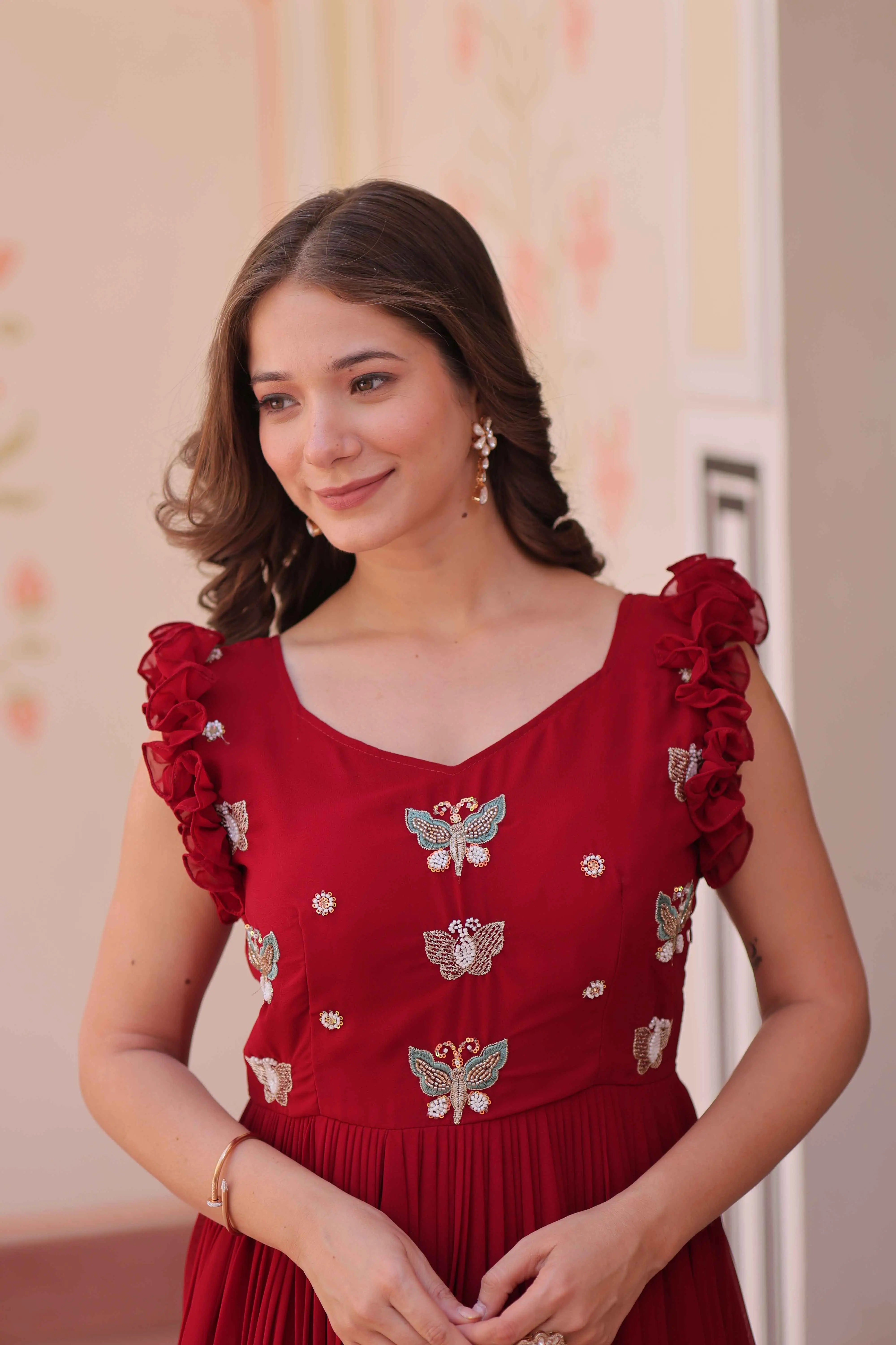 Paprika Red Georgette Multi Thread Beads Embroidery Work Gown