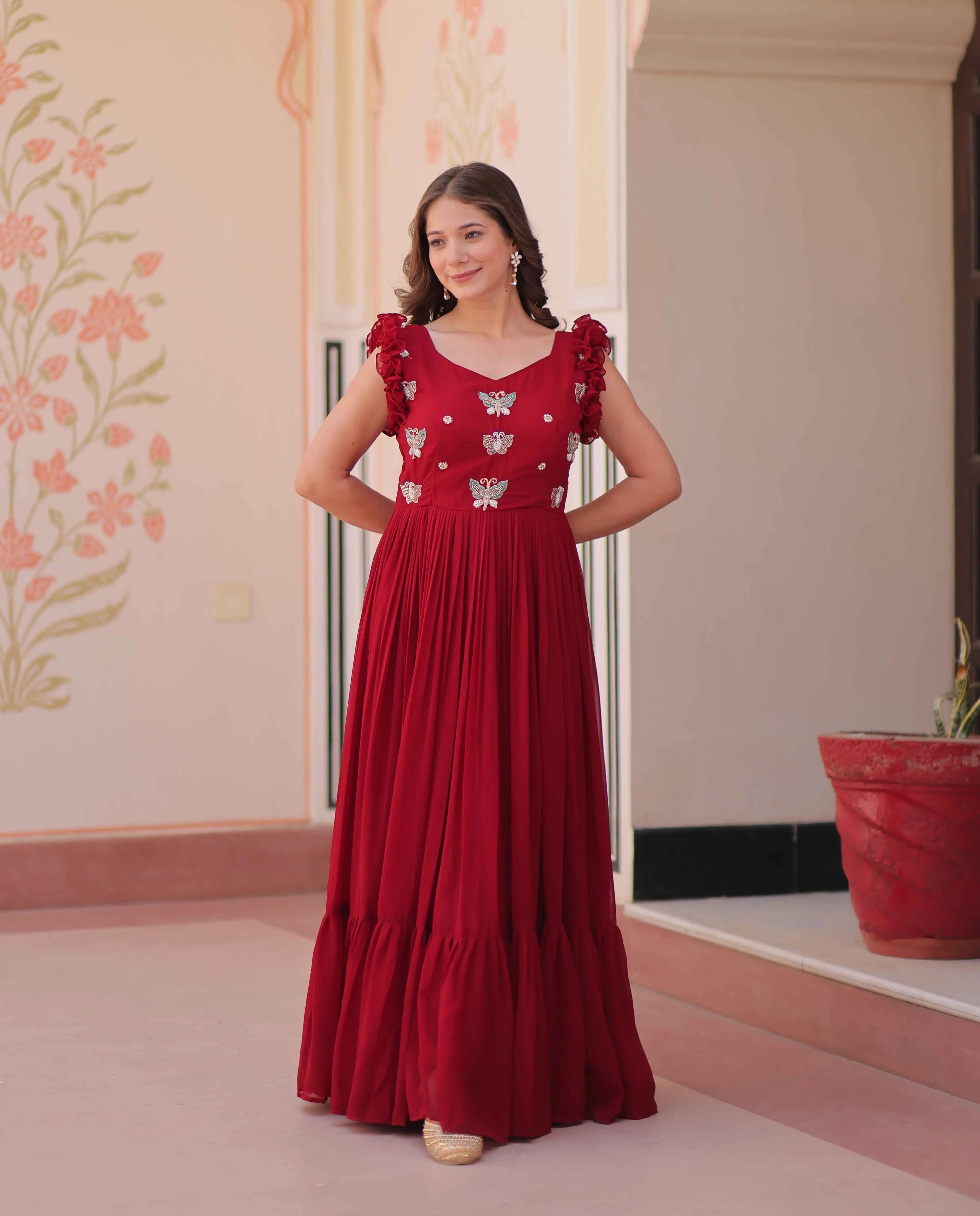 Paprika Red Georgette Multi Thread Beads Embroidery Work Gown - qivii