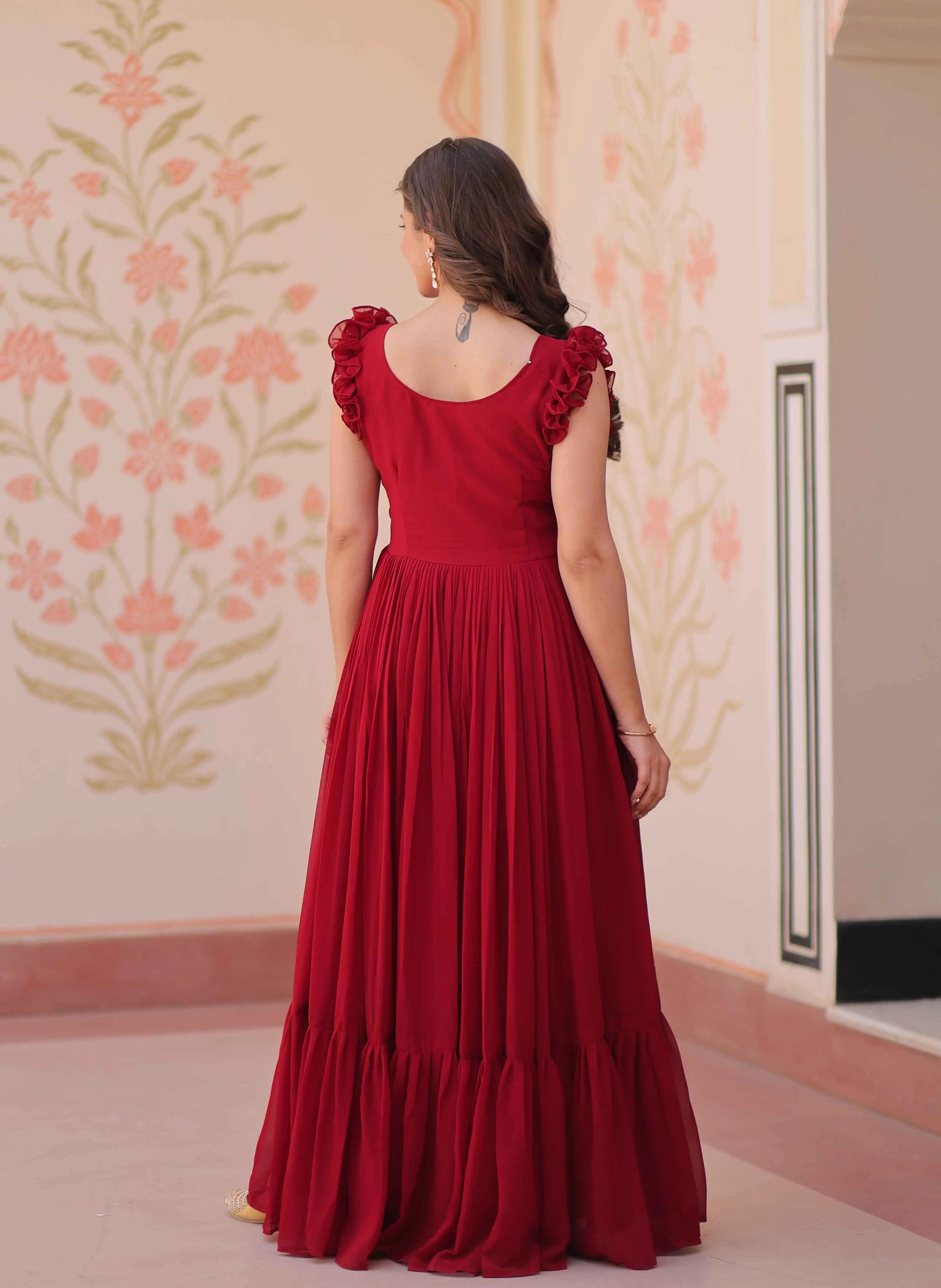 Paprika Red Georgette Multi Thread Beads Embroidery Work Gown - qivii