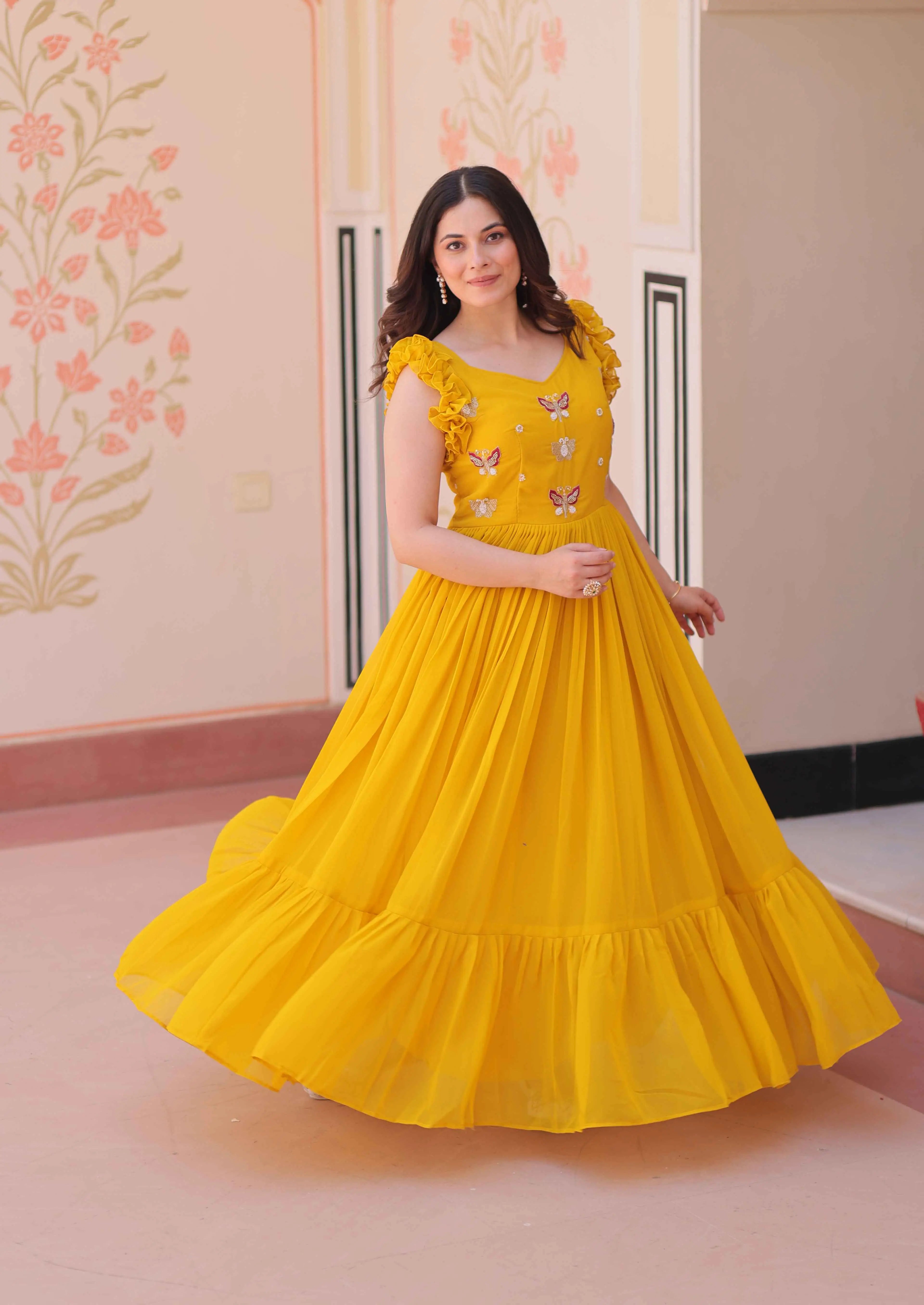 Squash Yellow Georgette Multi Thread Beads Embroidery Work Gown - qivii