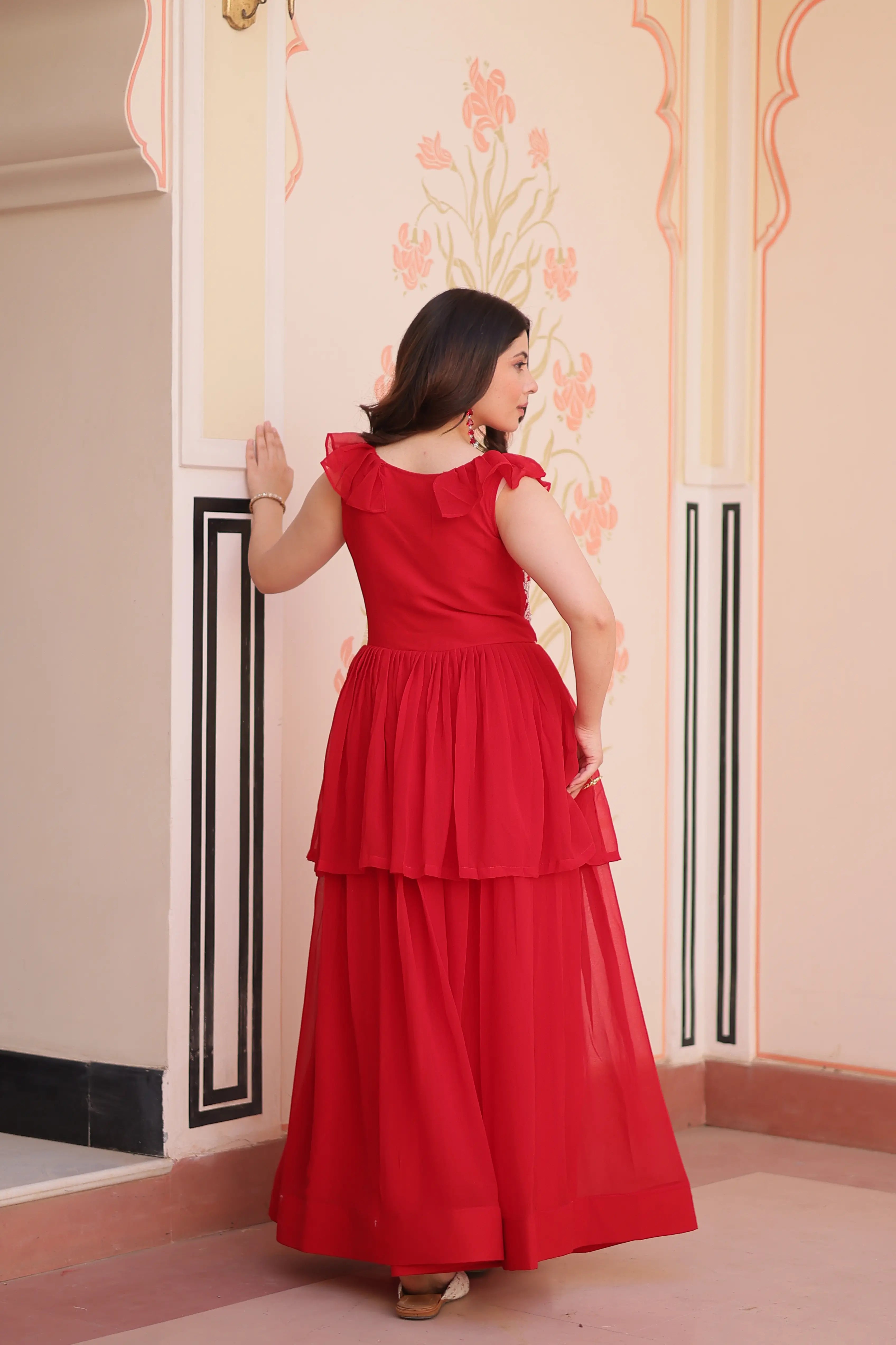 Designer Cornell Red Beads Embroidery Work Gown - qivii