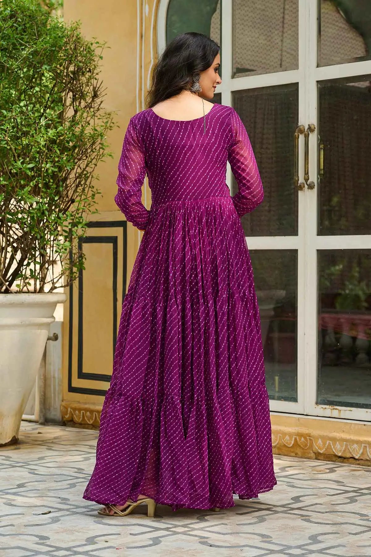Wine Georgette Laheriya Print With Kutchi Patch Work Navratri Gown