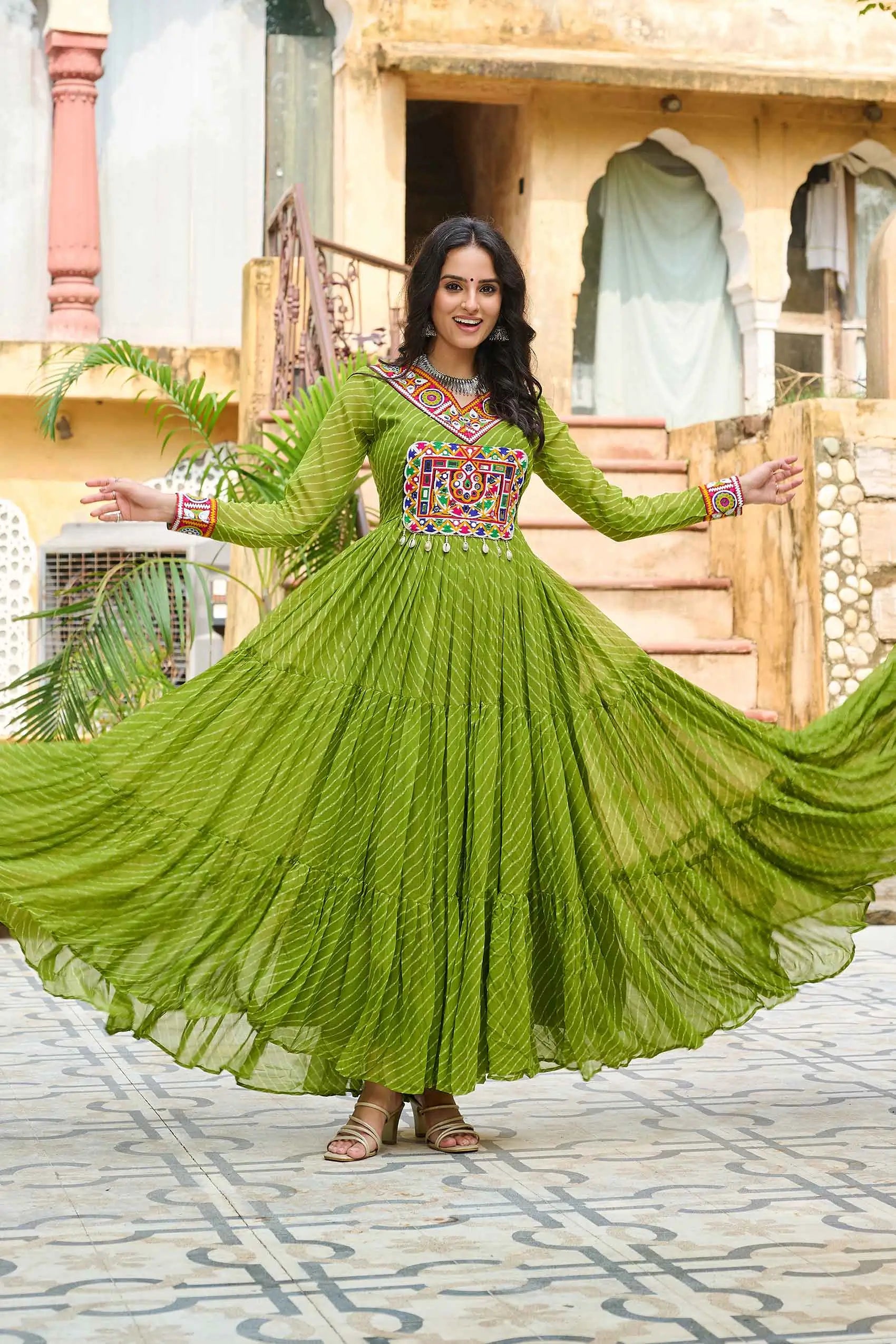 Parrot Laheriya Print With Kutchi Patch Work Navratri Gown