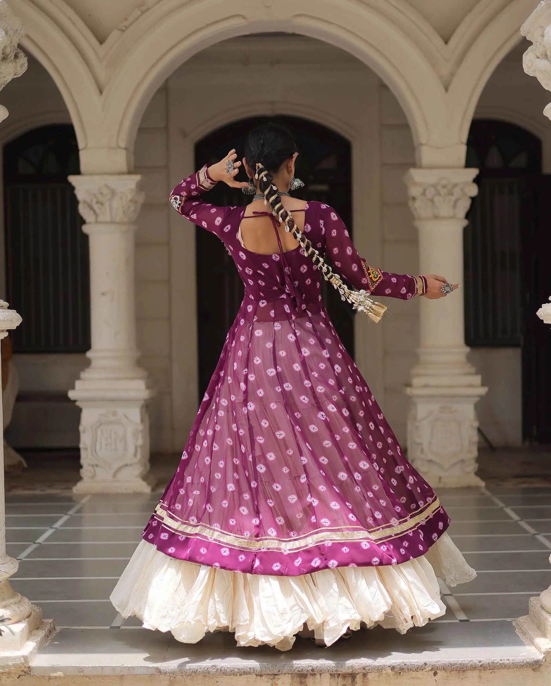Wine Bandhani Print With Gamthi Patch Work Kurti With Lehenga For Navratri
