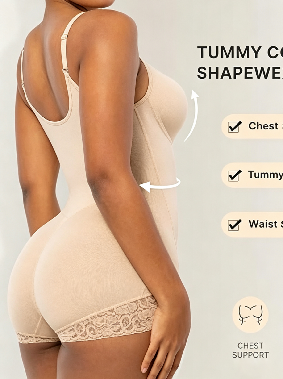 Lace-trimmed Tummy Control Zipper Shapewear Bodysuit