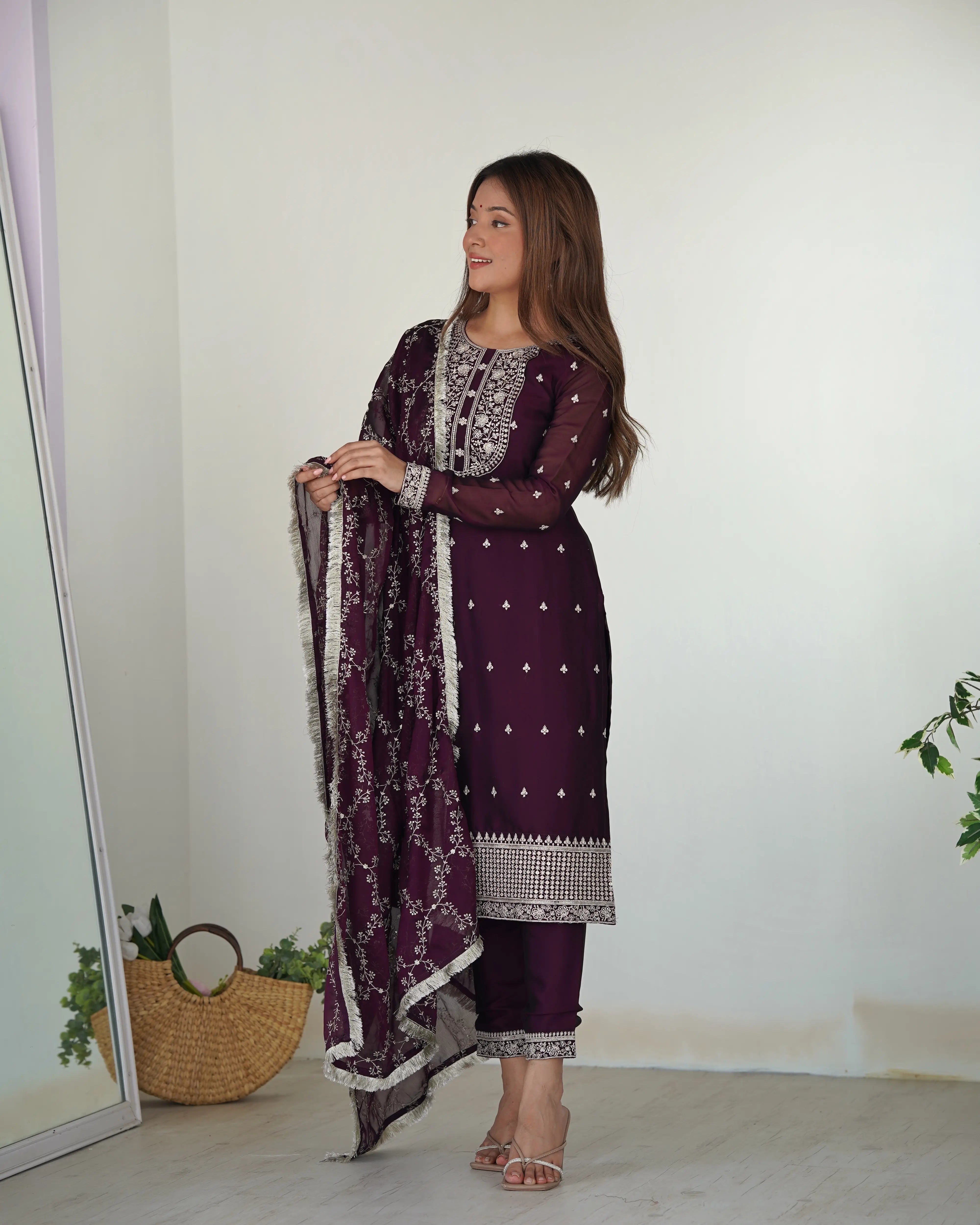 Glossy In Wine Embroidery Sequence And Thread Work Ready To Wear Salwar suit - qivii