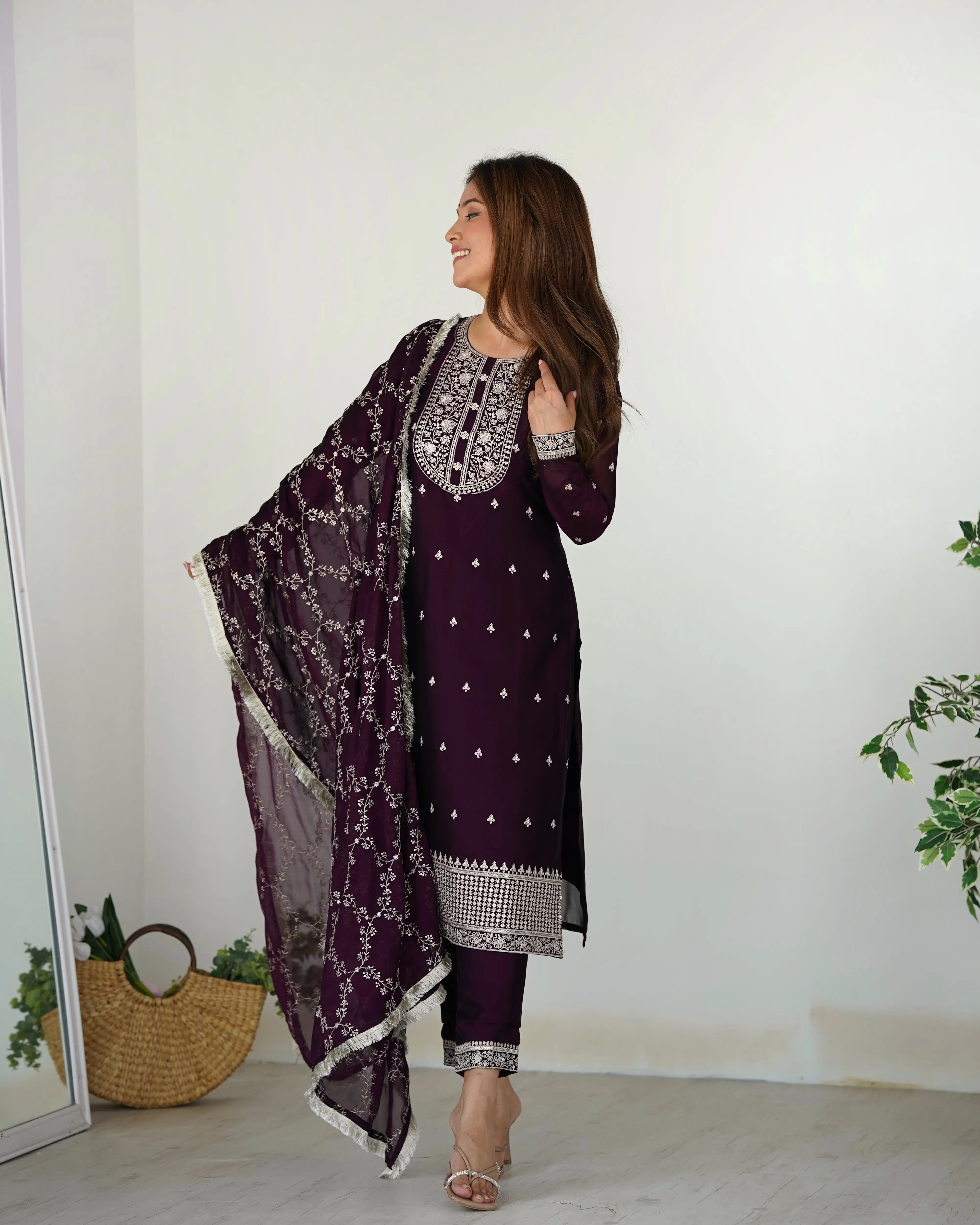 Glossy In Wine Embroidery Sequence And Thread Work Ready To Wear Salwar suit
