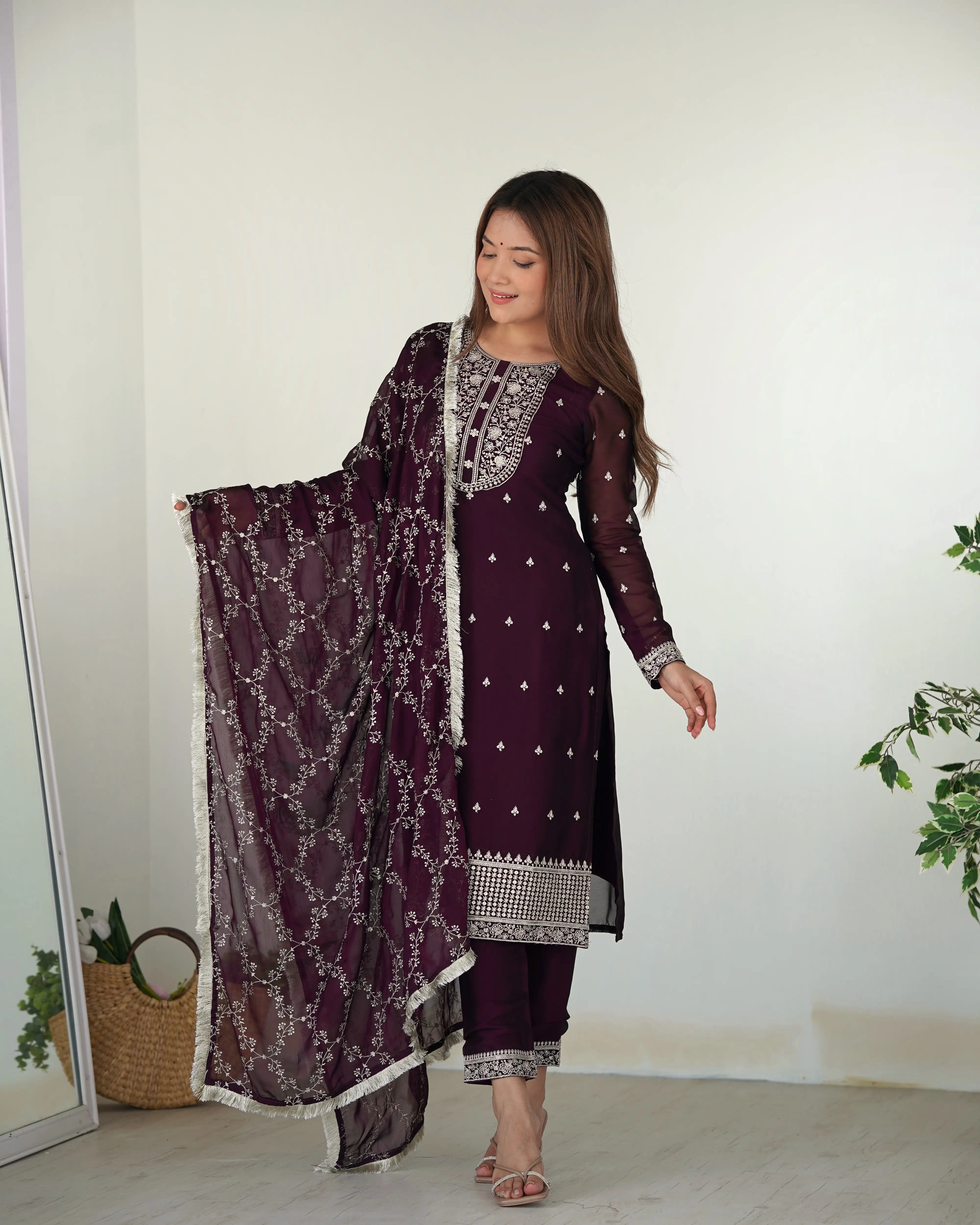 Glossy In Wine Embroidery Sequence And Thread Work Ready To Wear Salwar suit