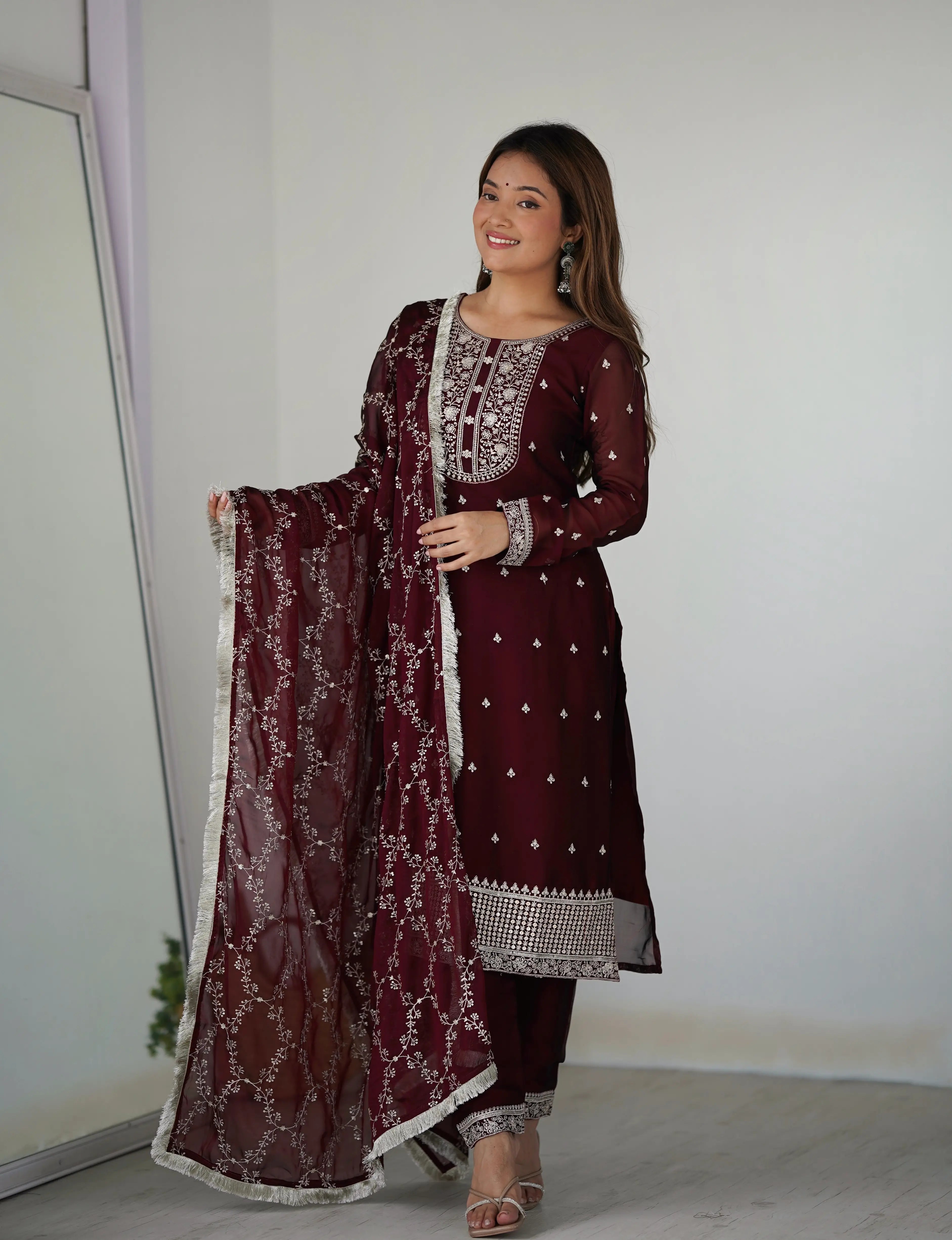 Classic In Maroon Embroidery Sequence And Thread Work Ready To Wear Salwar suit - qivii