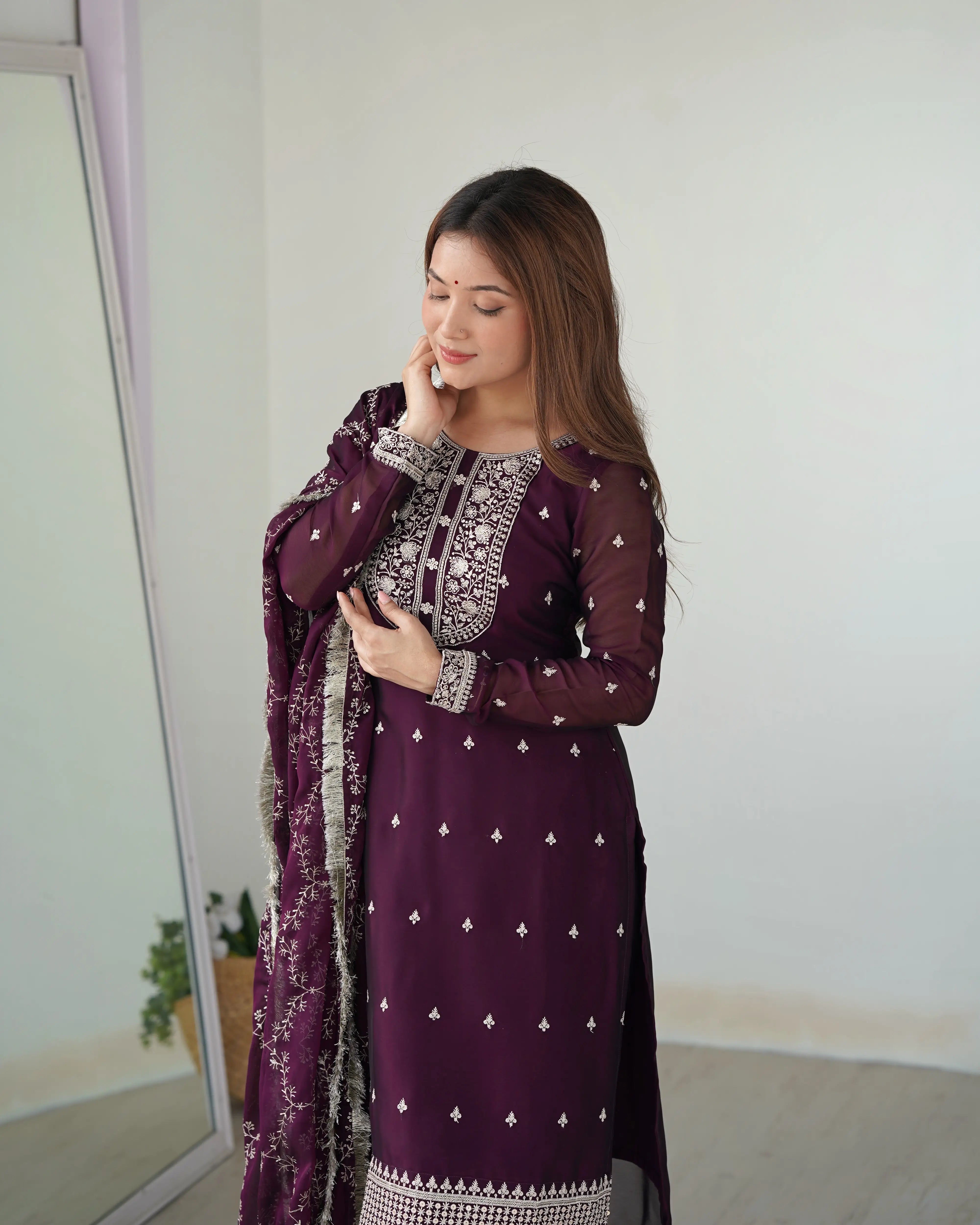 Glossy In Wine Embroidery Sequence And Thread Work Ready To Wear Salwar suit
