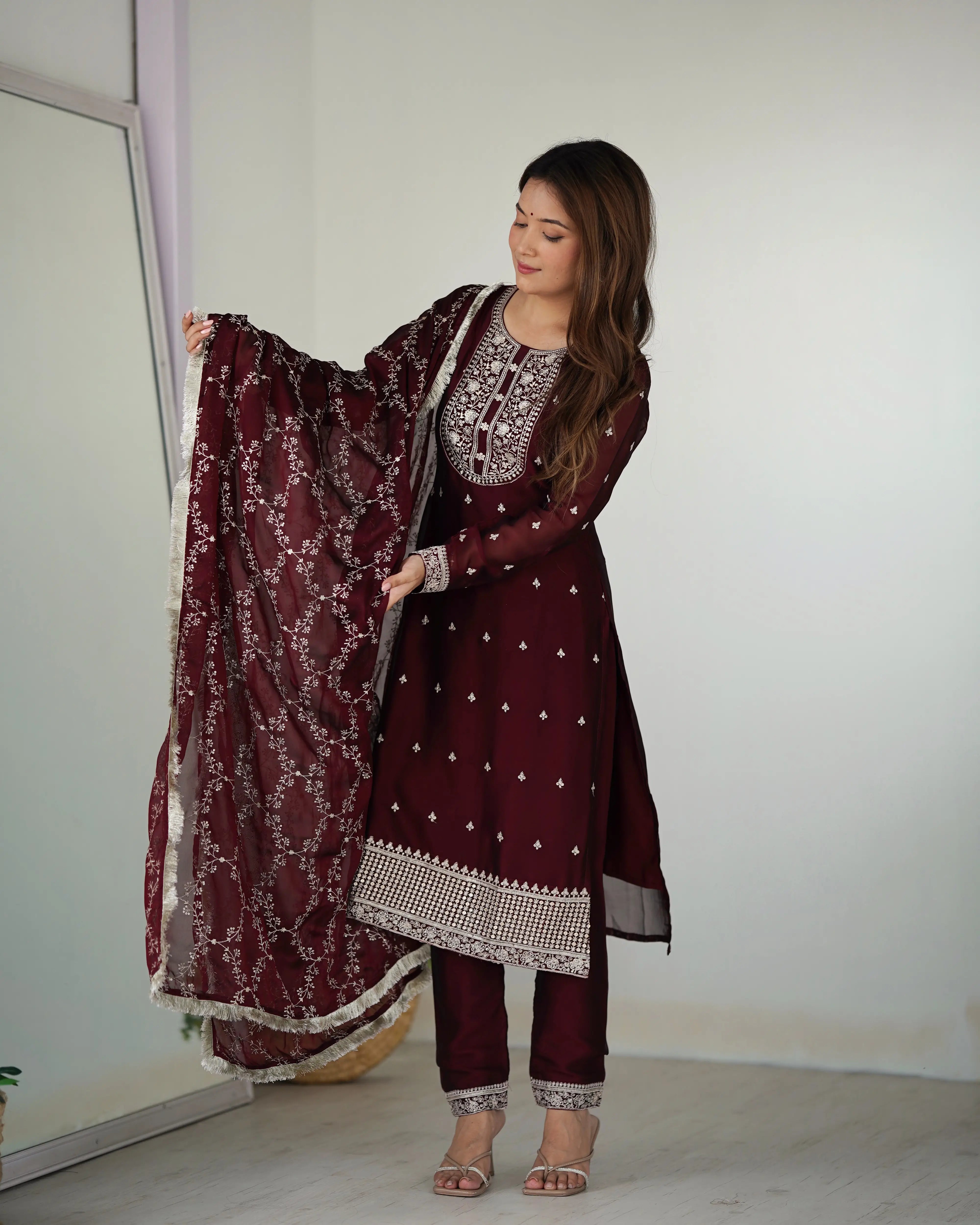 Classic In Maroon Embroidery Sequence And Thread Work Ready To Wear Salwar suit
