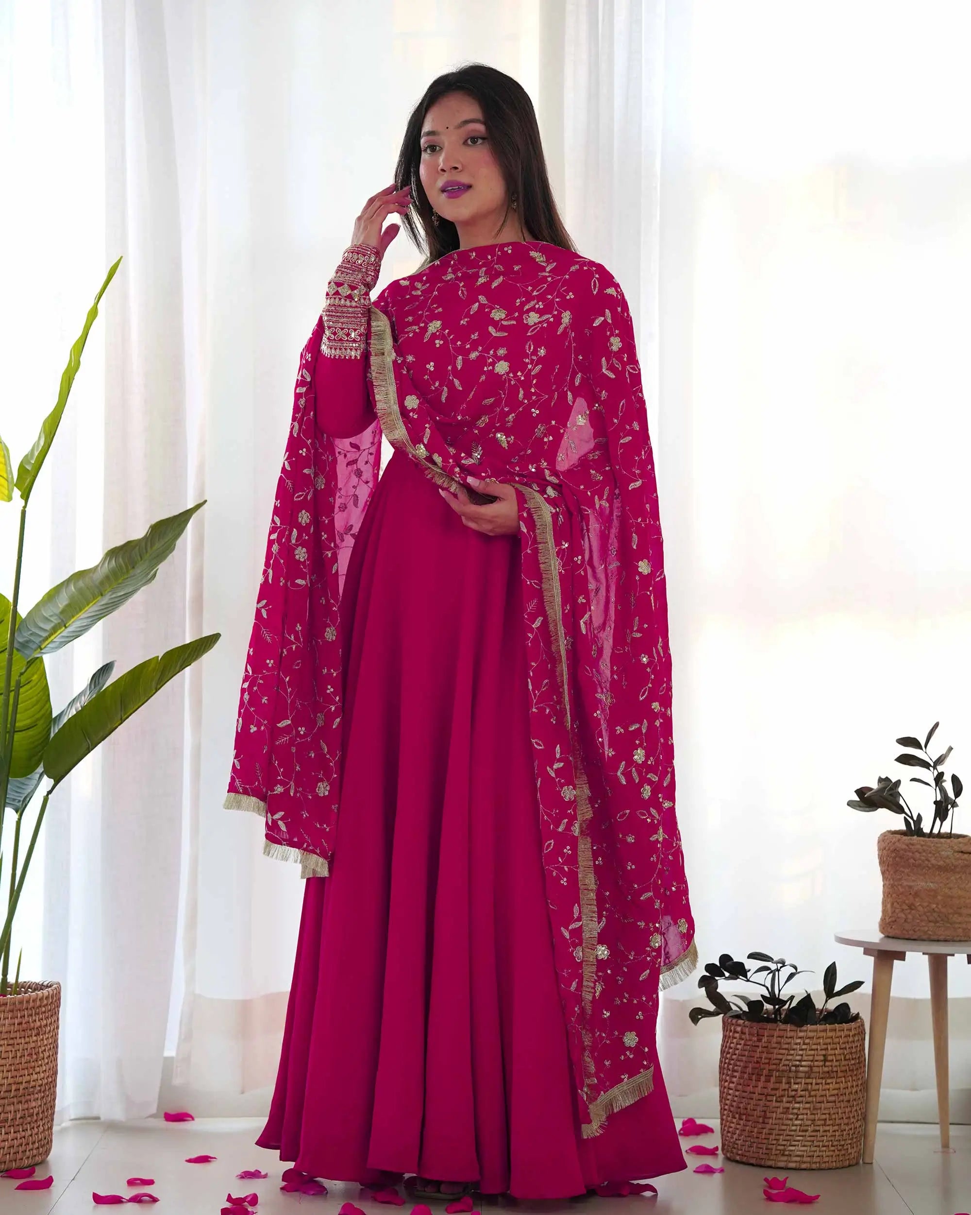 Dark Pink Designer Georgette Gown With Heavy Embroidery Work Dupatta