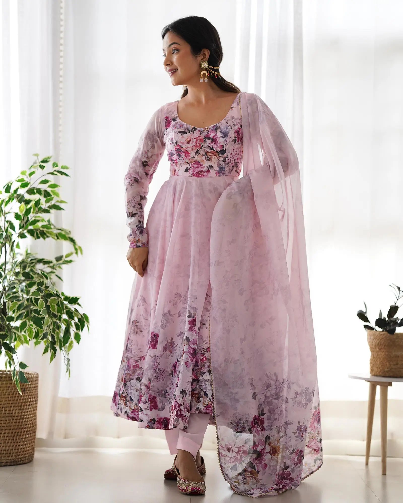 Light Peach Pink Floral Print Organza Gown