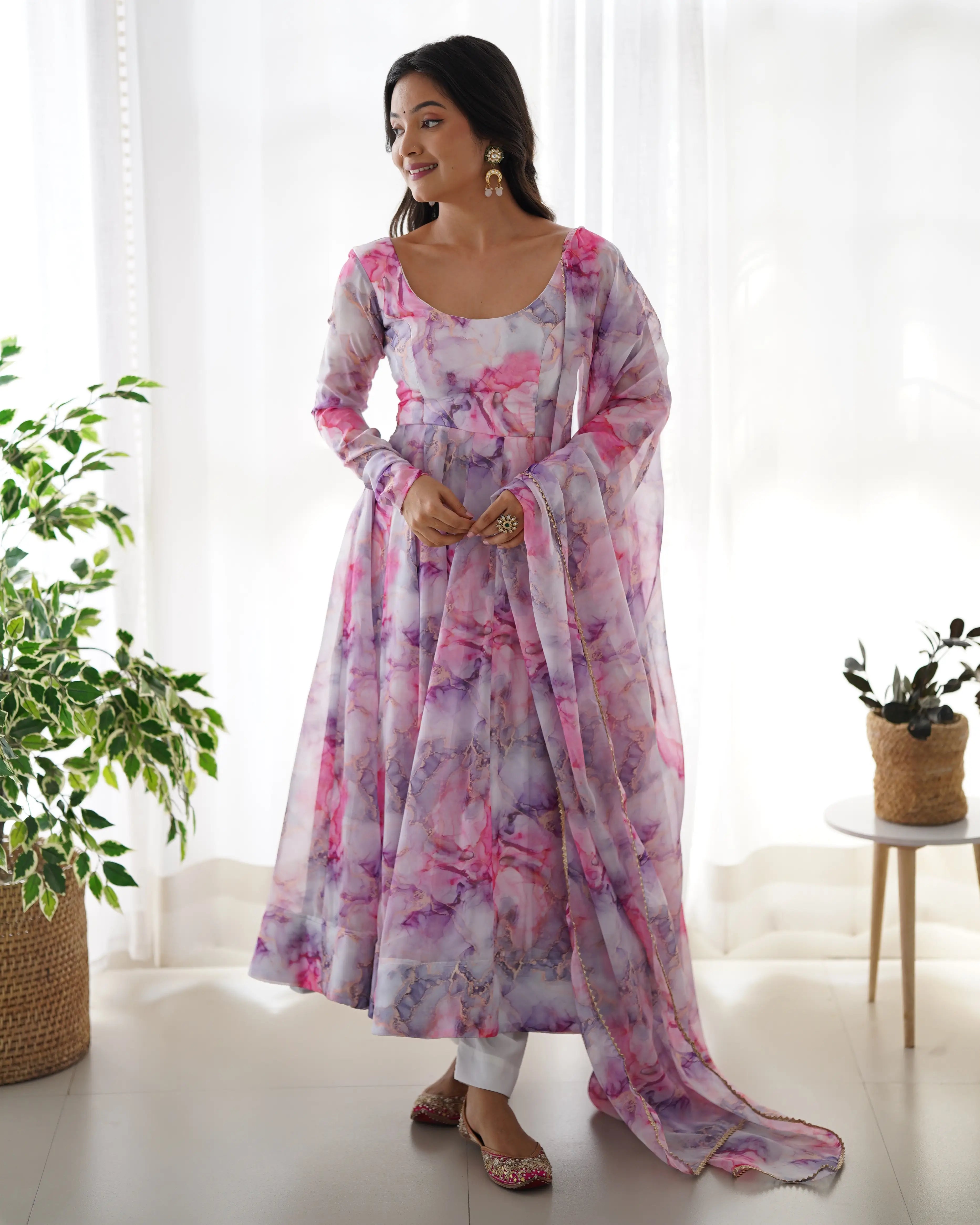 Off White Multi Color Printed Organza Anarkali Gown