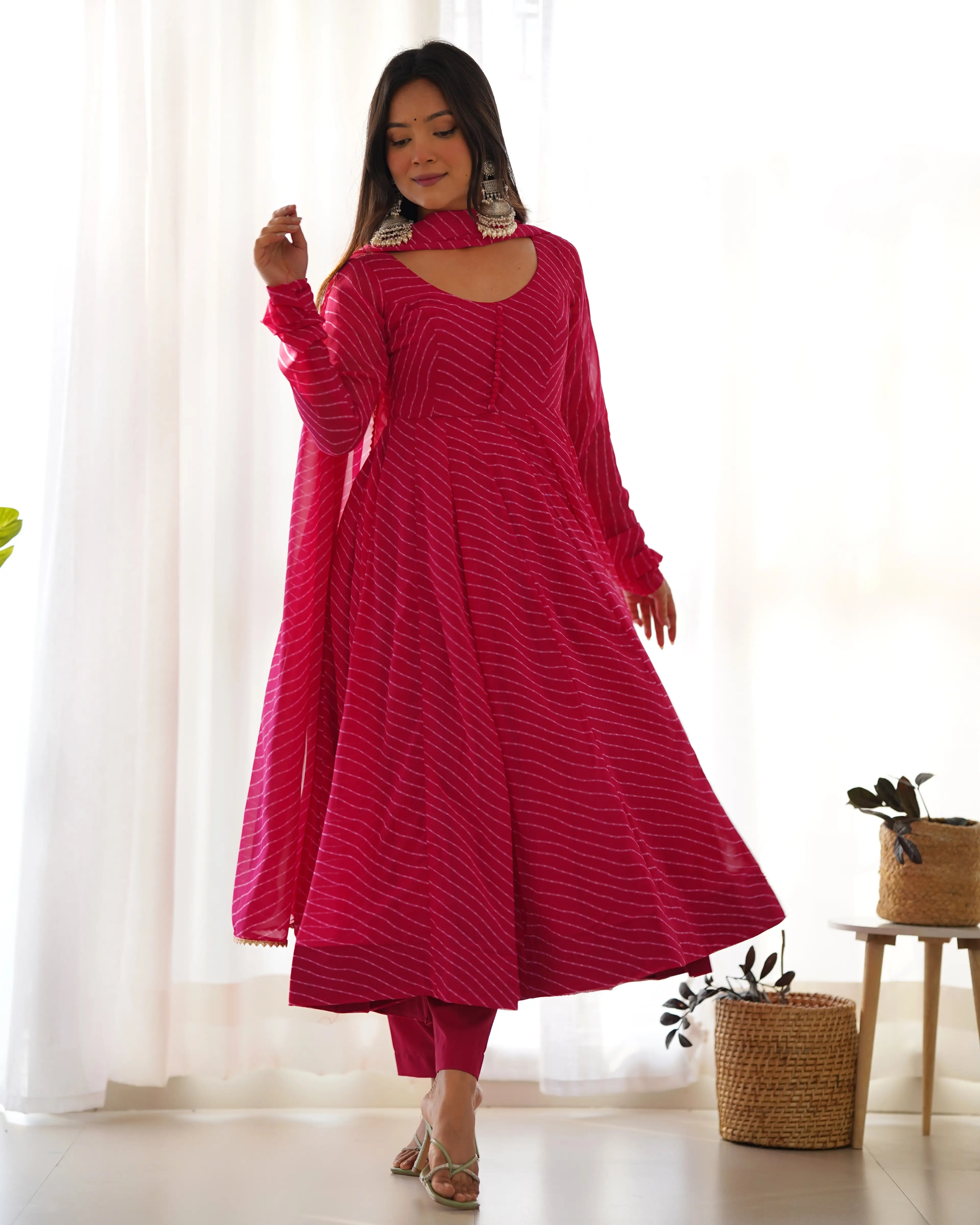 Rani Pink Laheriya Print Georgette Anarkali Gown With Dupatta