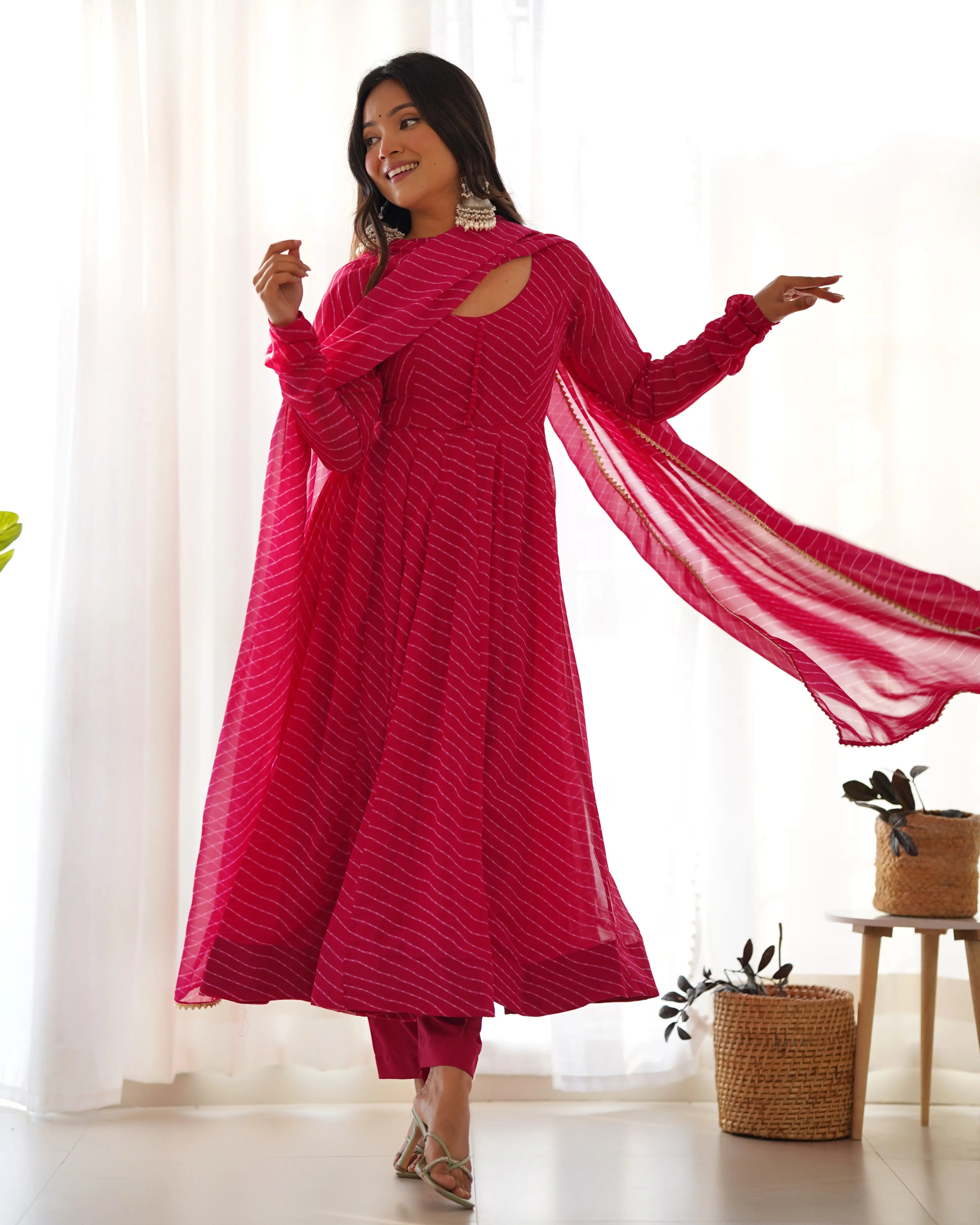 Rani Pink Laheriya Print Georgette Anarkali Gown With Dupatta