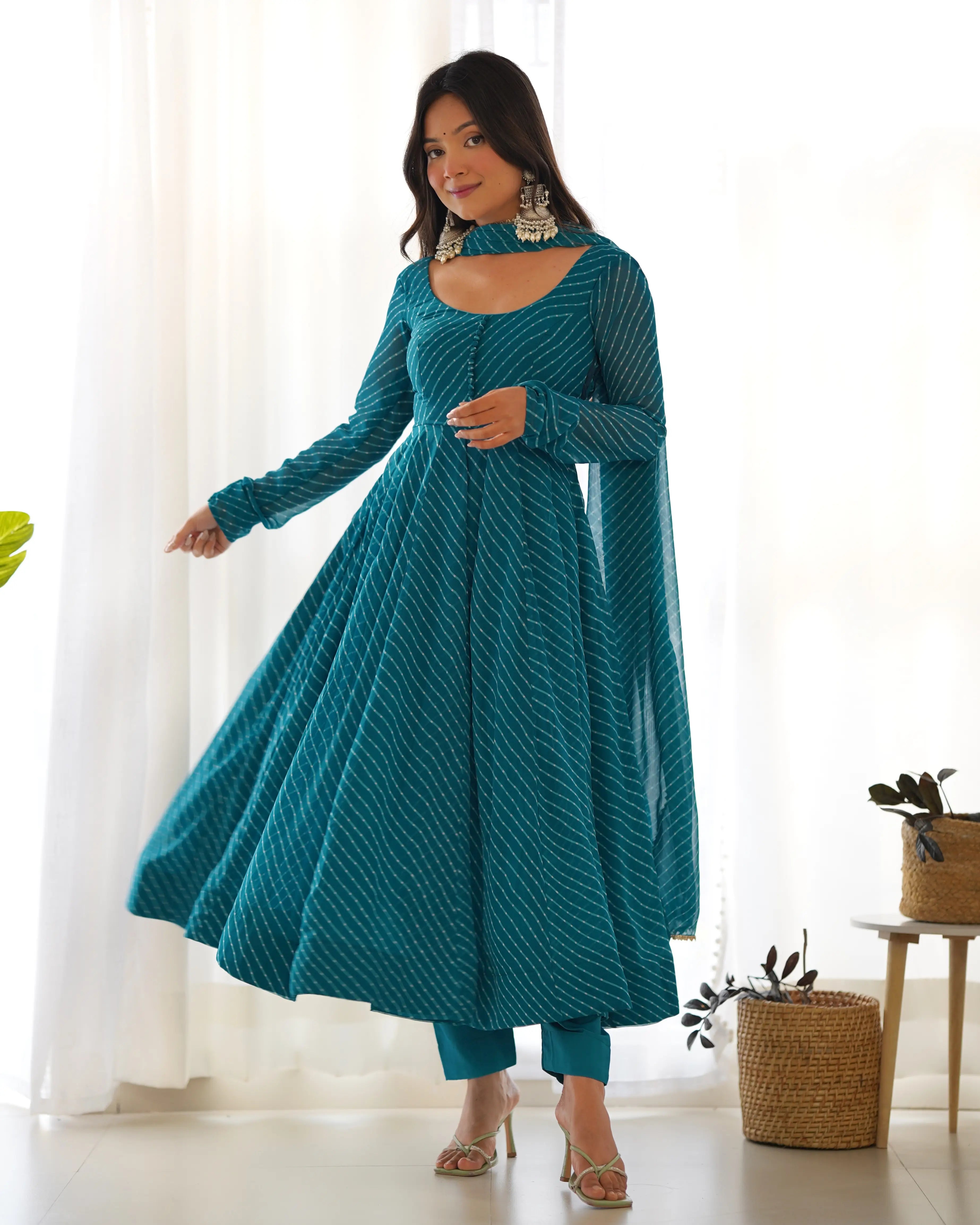 Bottle Green Laheriya Print Georgette Anarkali Gown With Dupatta