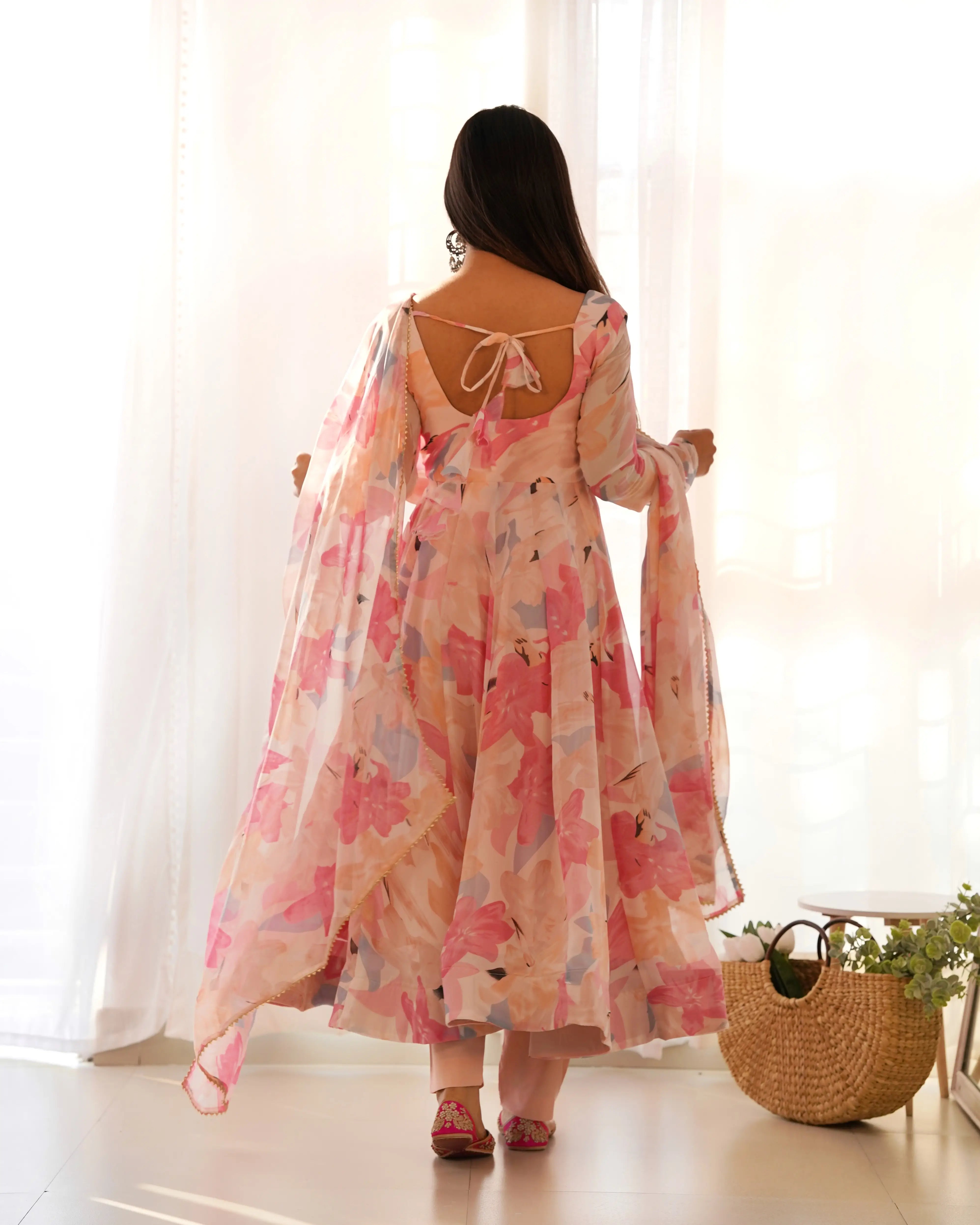 Light Pink Georgette Multi Floral Print Anarkali Gown With Dupatta