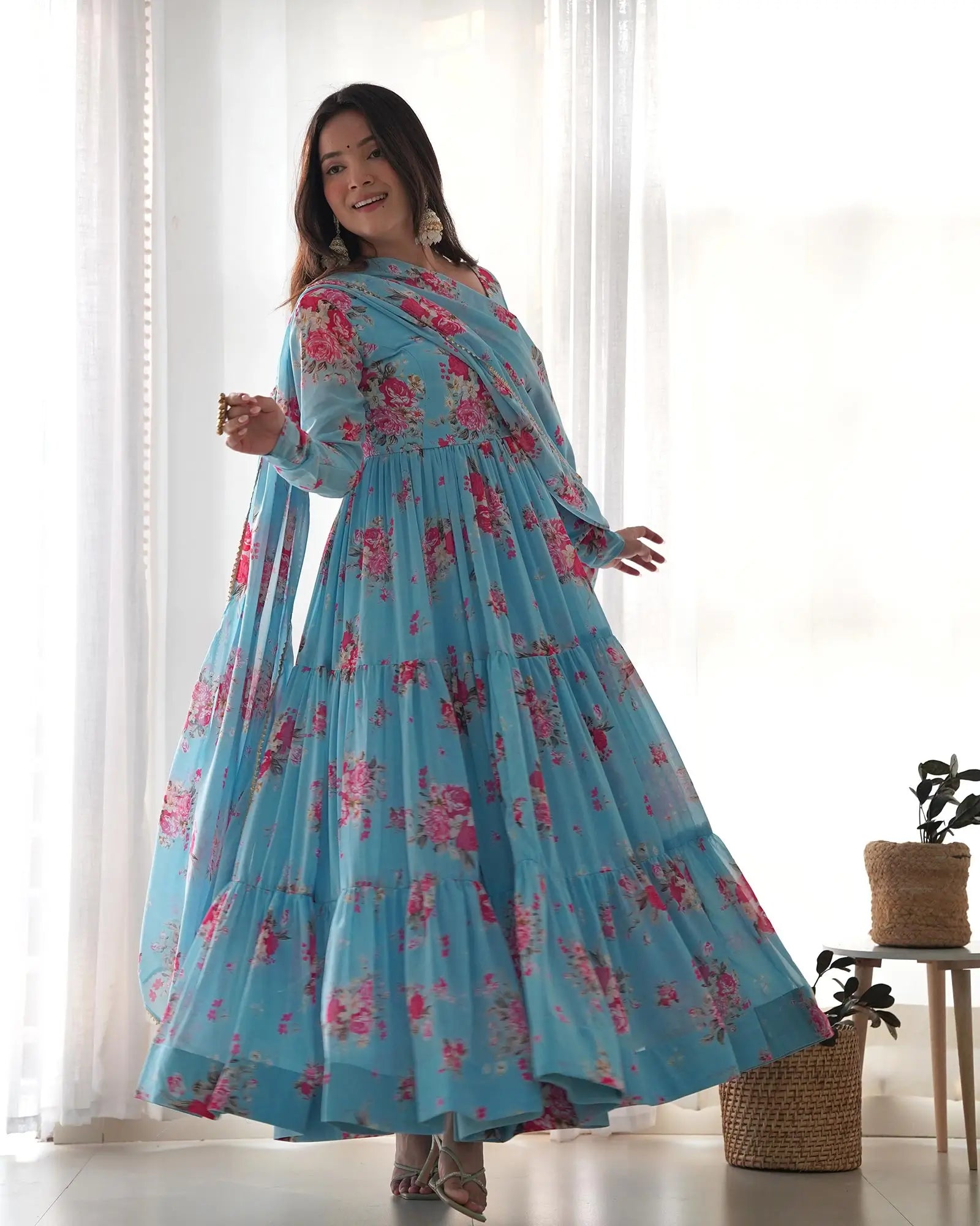Sky Blue Georgette Floral Print Gown With Dupatta