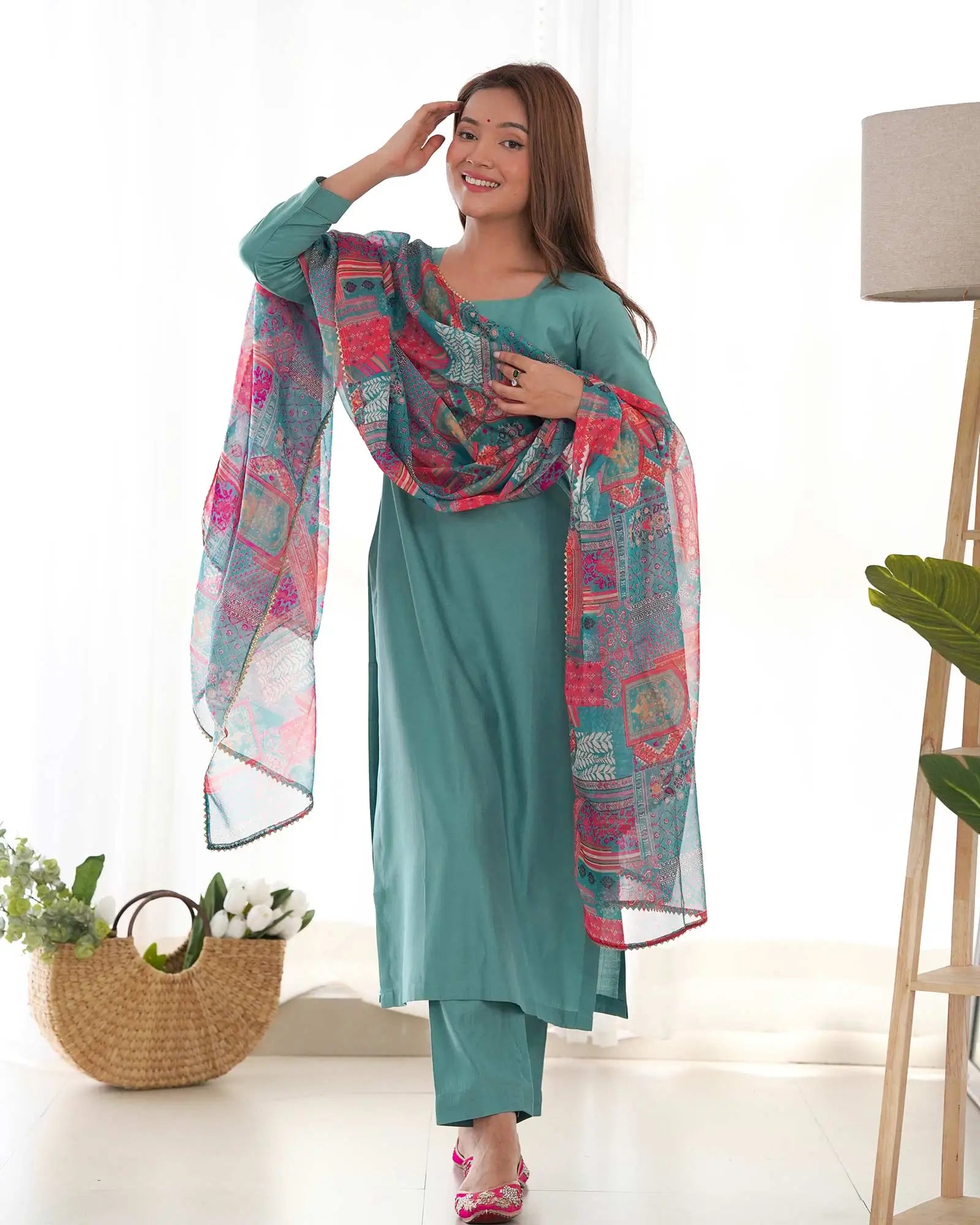 Beetle Blue Viscose Straight Salwar Suit With Multi Floral Print Dupatta - qivii