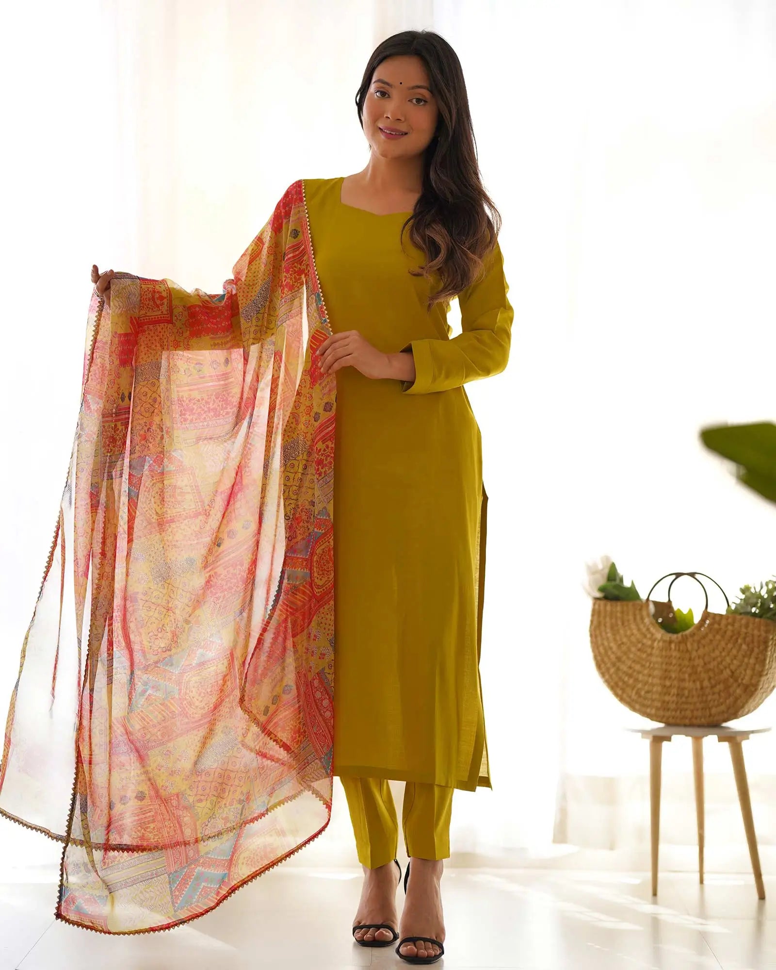 Met Yellow Viscose Straight Salwar Suit With Multi Floral Print Dupatta - qivii