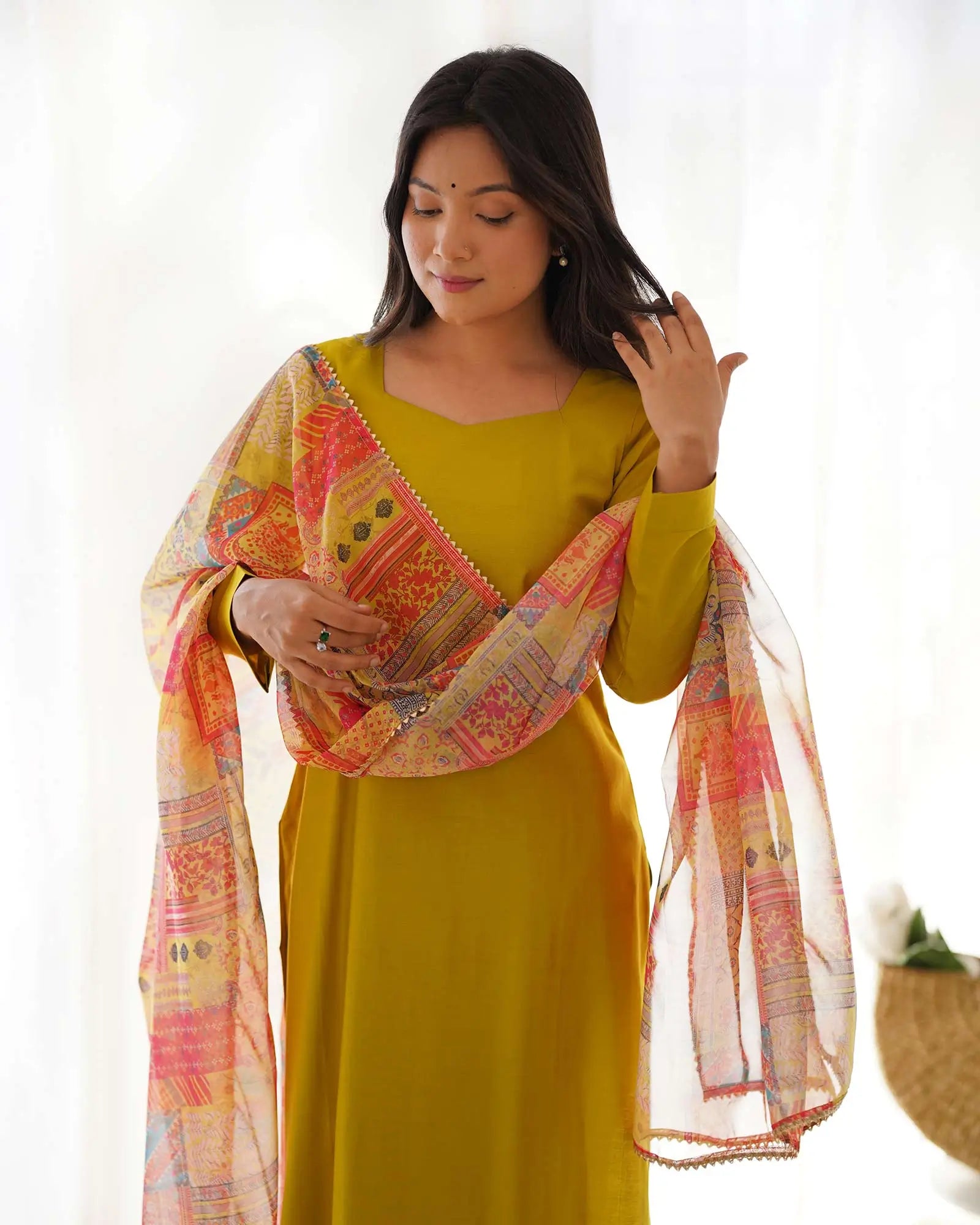 Met Yellow Viscose Straight Salwar Suit With Multi Floral Print Dupatta - qivii