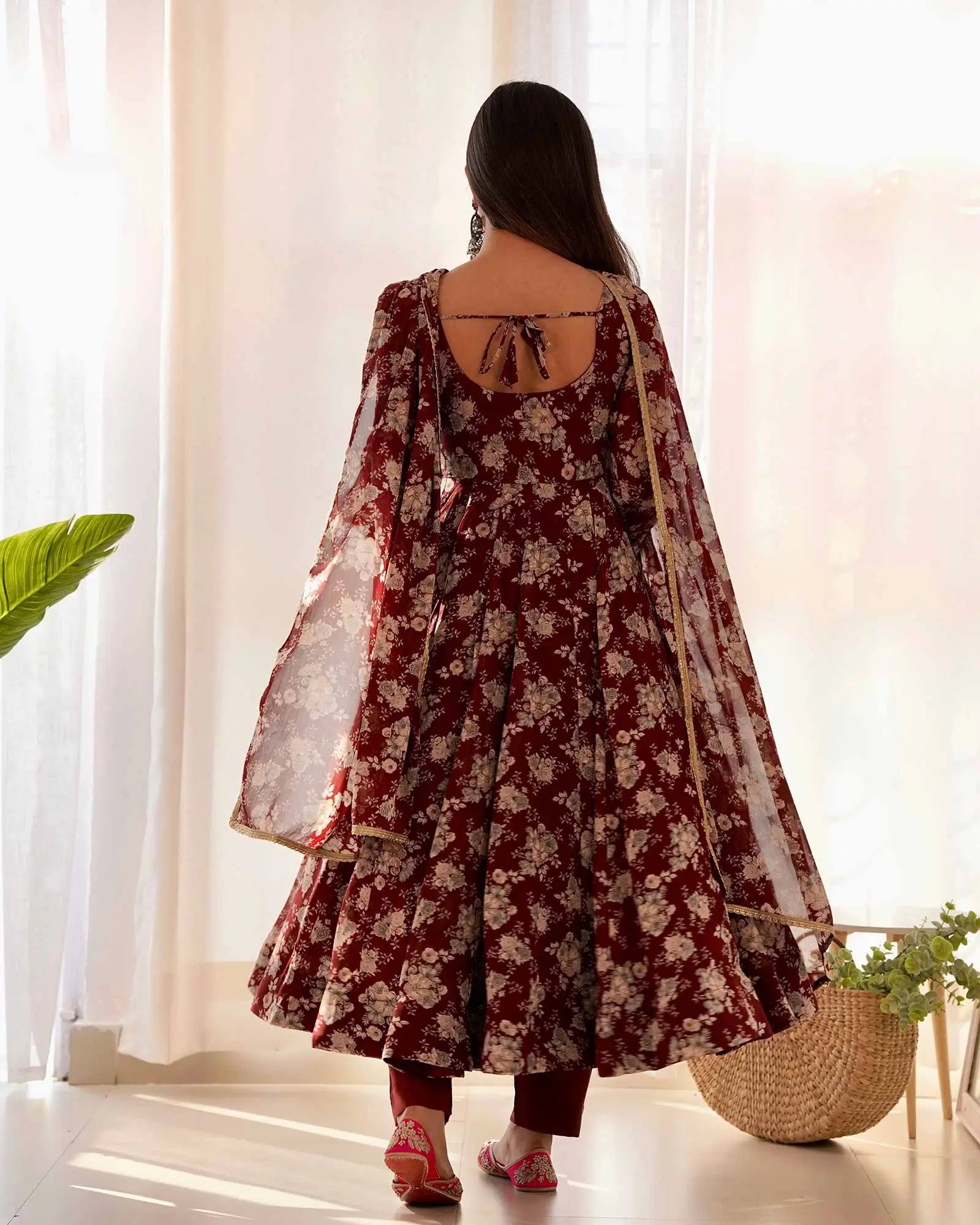 Dark Maroon Georgette Multi Floral Print Anarkali Gown With Dupatta