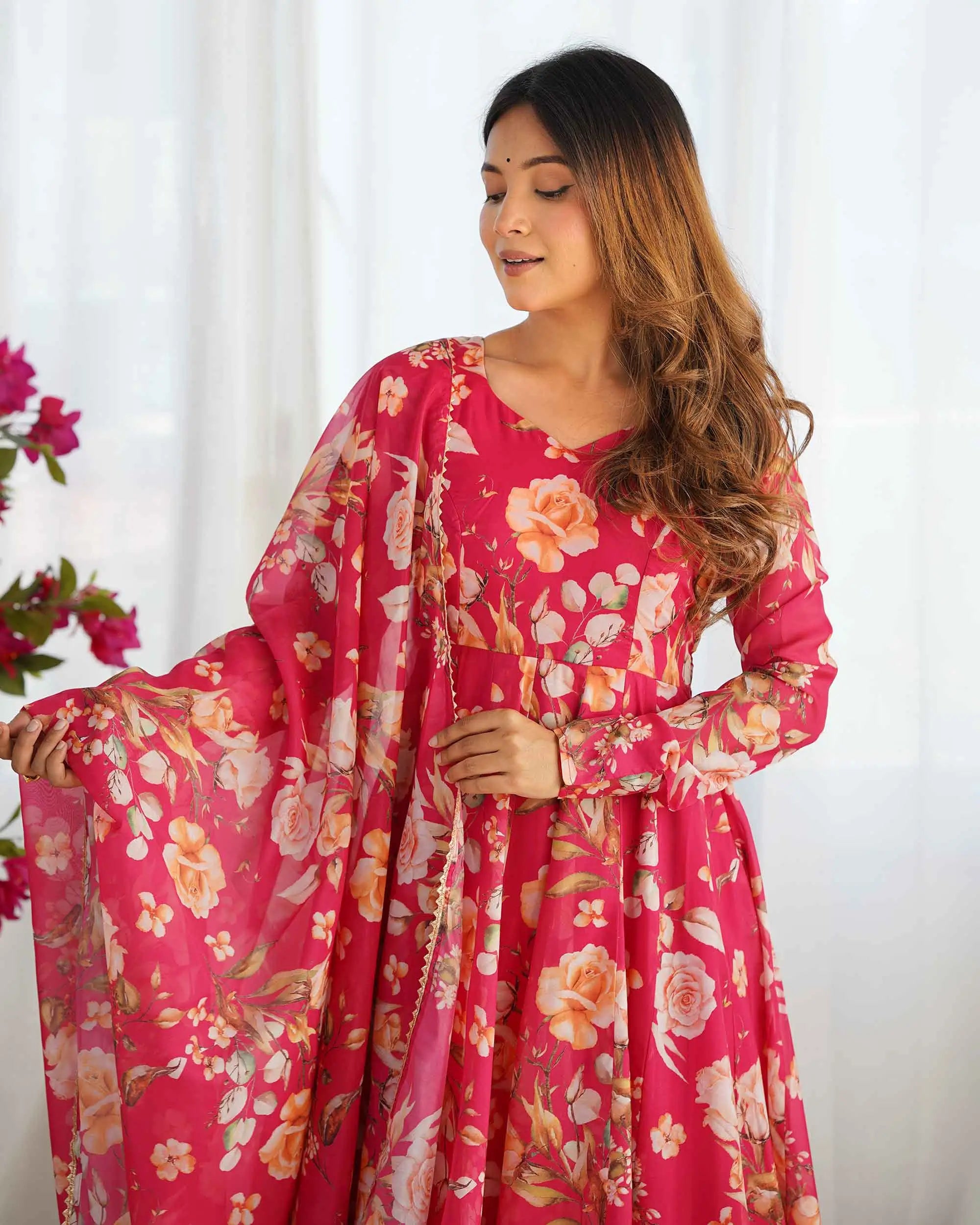 Pink Floral Print Organza Gown With Dupaata - qivii