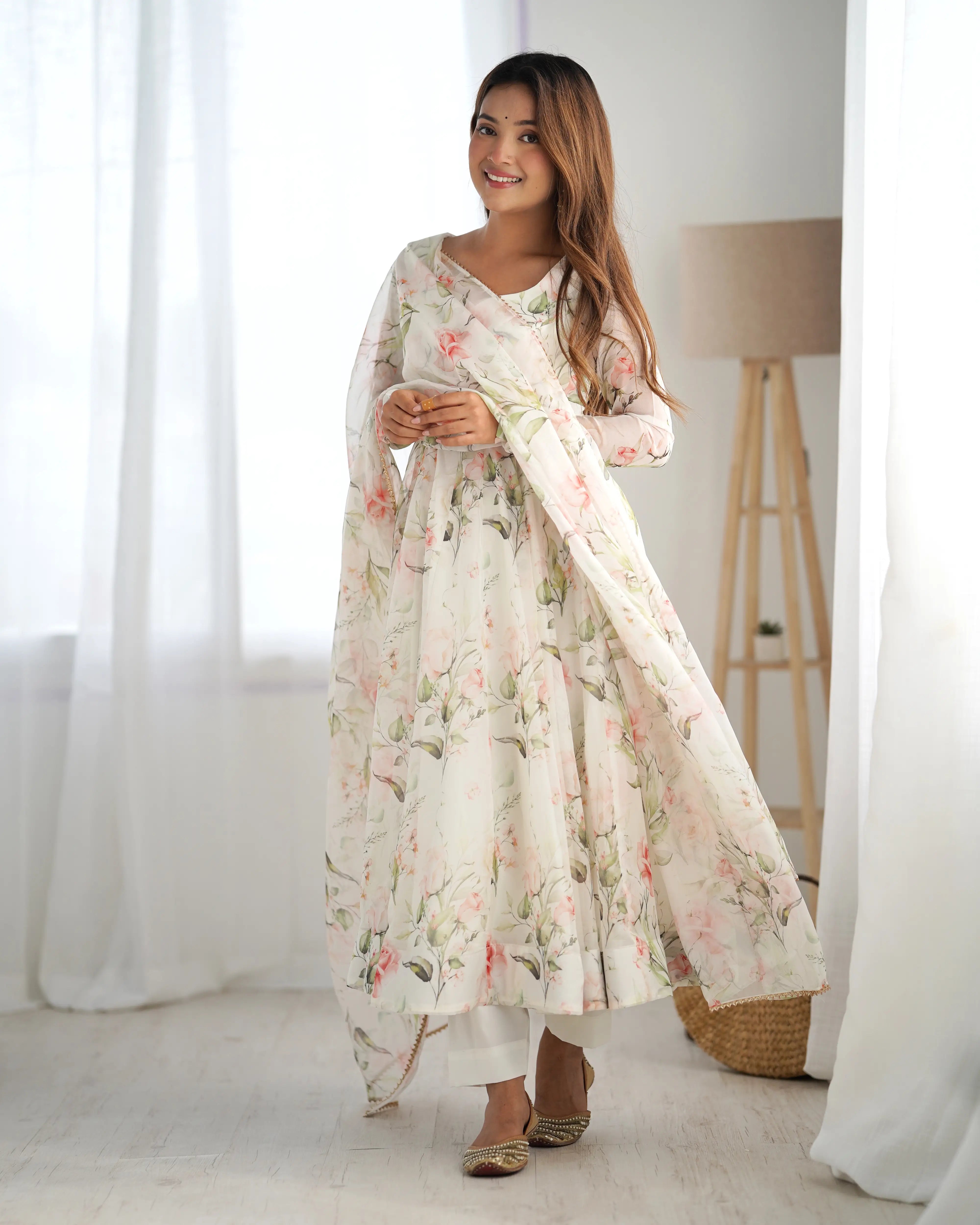 Off White Floral Print Organza Gown For Summer