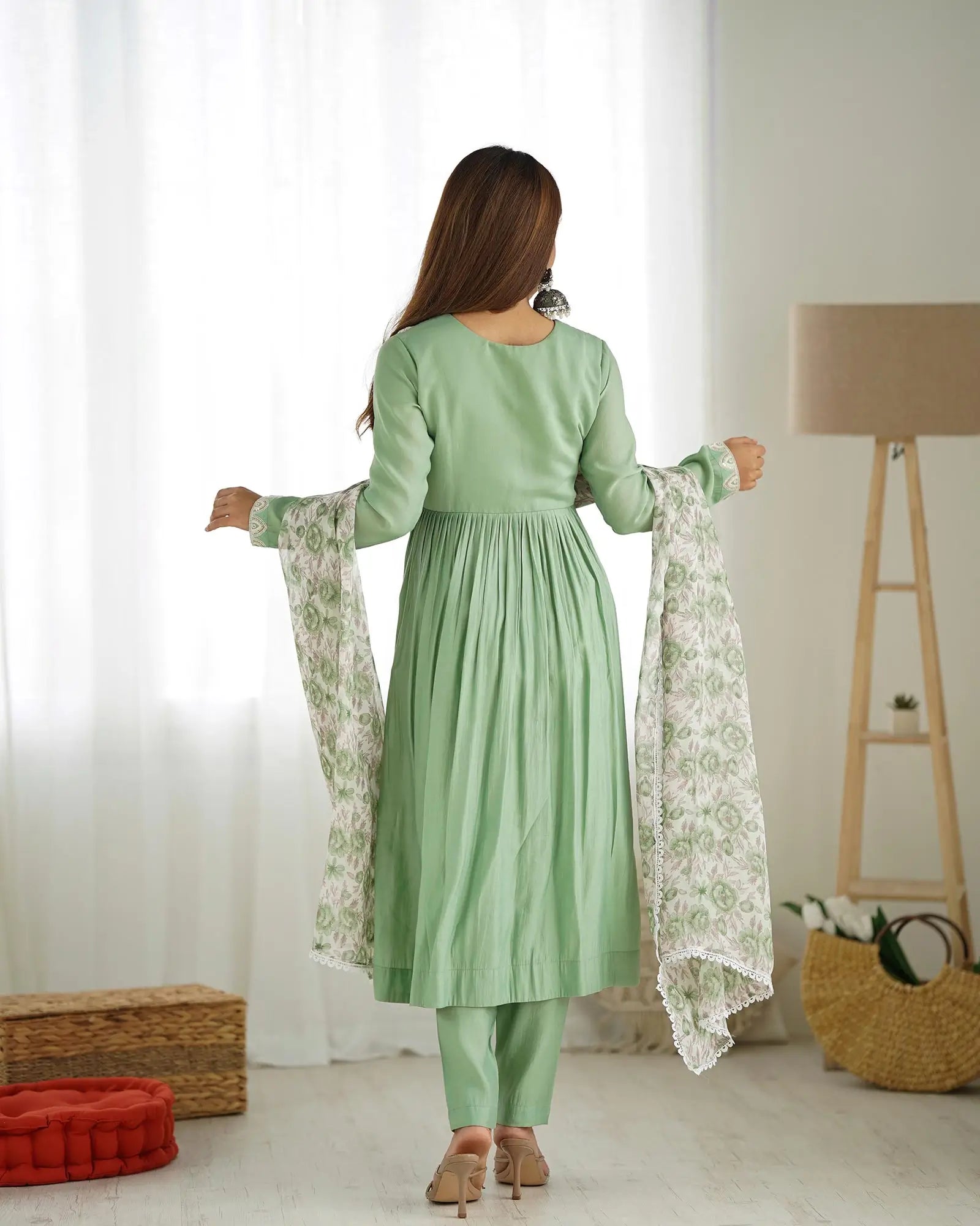 Pista Green Silk Nyra Cut Salwar Suit With Sequins Dori Thread Embroidery Work - qivii