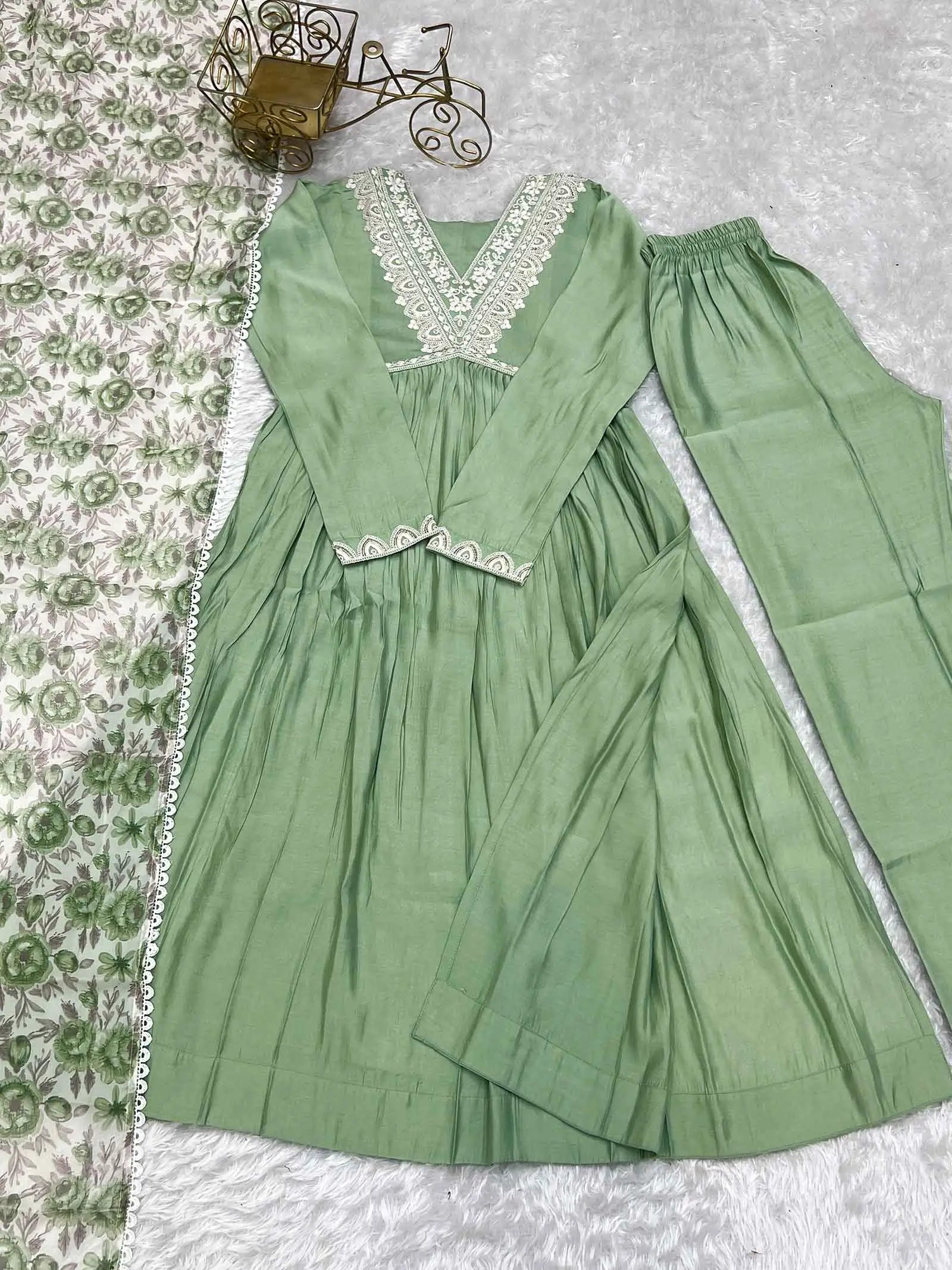 Pista Green Silk Nyra Cut Salwar Suit With Sequins Dori Thread Embroidery Work