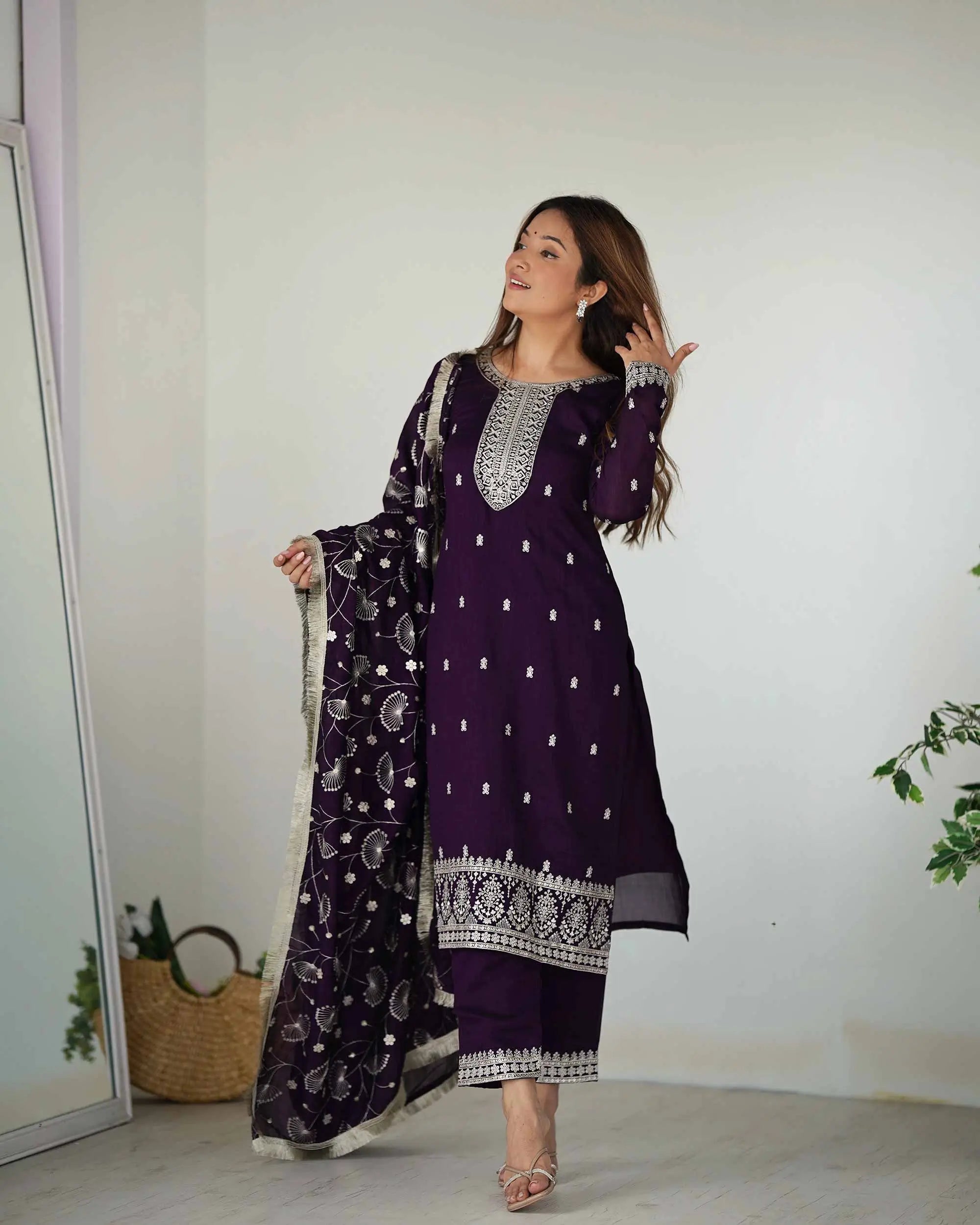 Dark Wine Rangoli Silk Salwar Suit With Sequins Embroidery Work With Heavy Dupatta - qivii