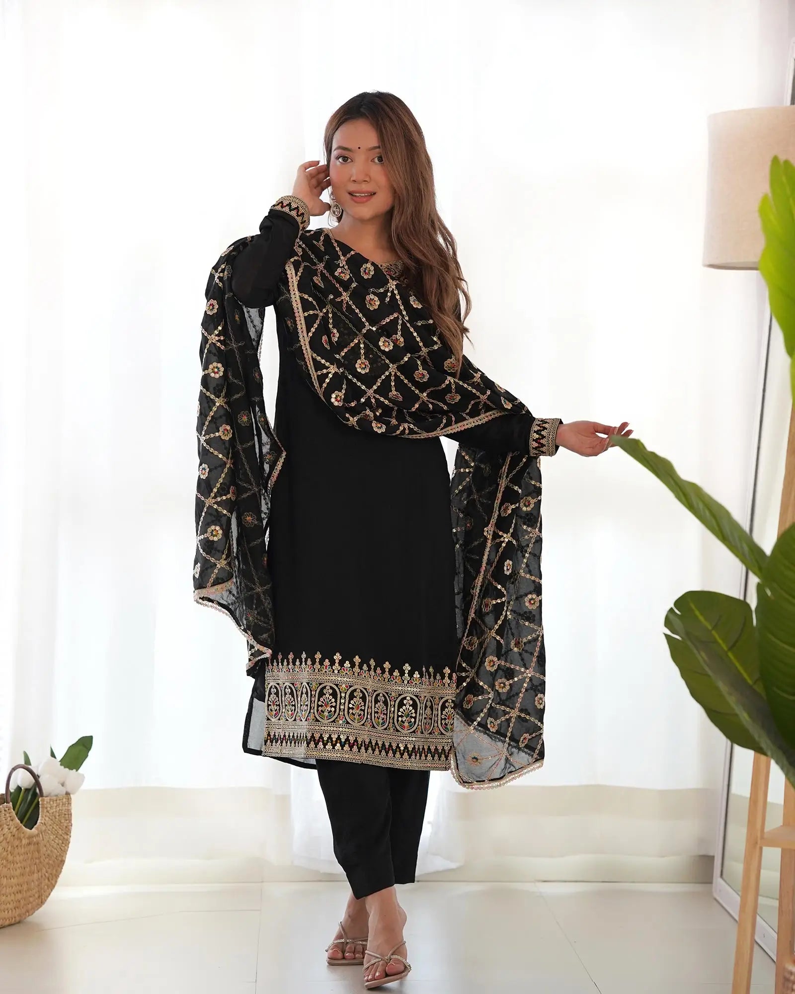 Black Silk Salwar Suit With Dori Sequins Embroidery Work With Heavy Dupatta - qivii