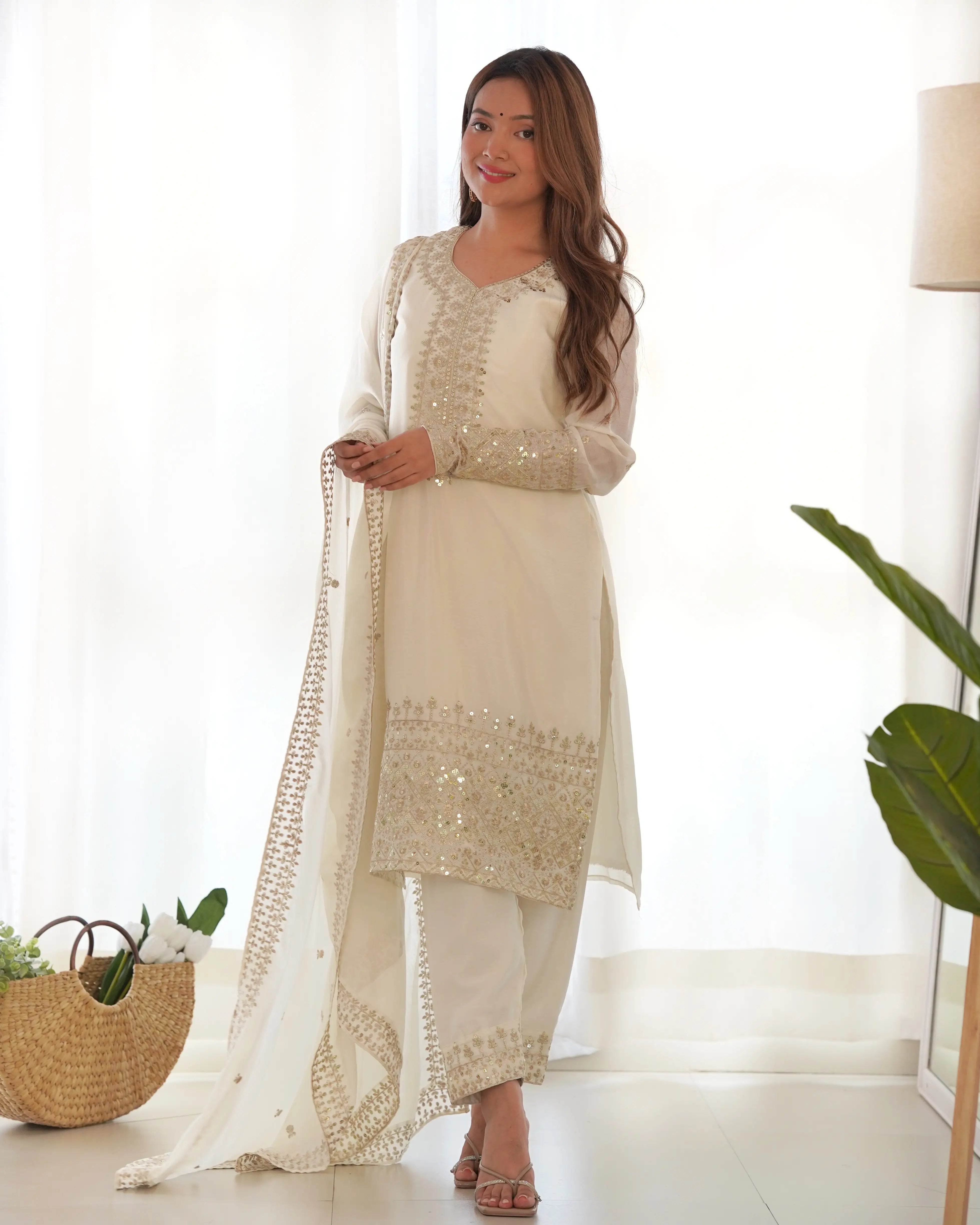 Off White Chinon Silk Straight Salwar Suit With Sequins Embroidery Work - qivii
