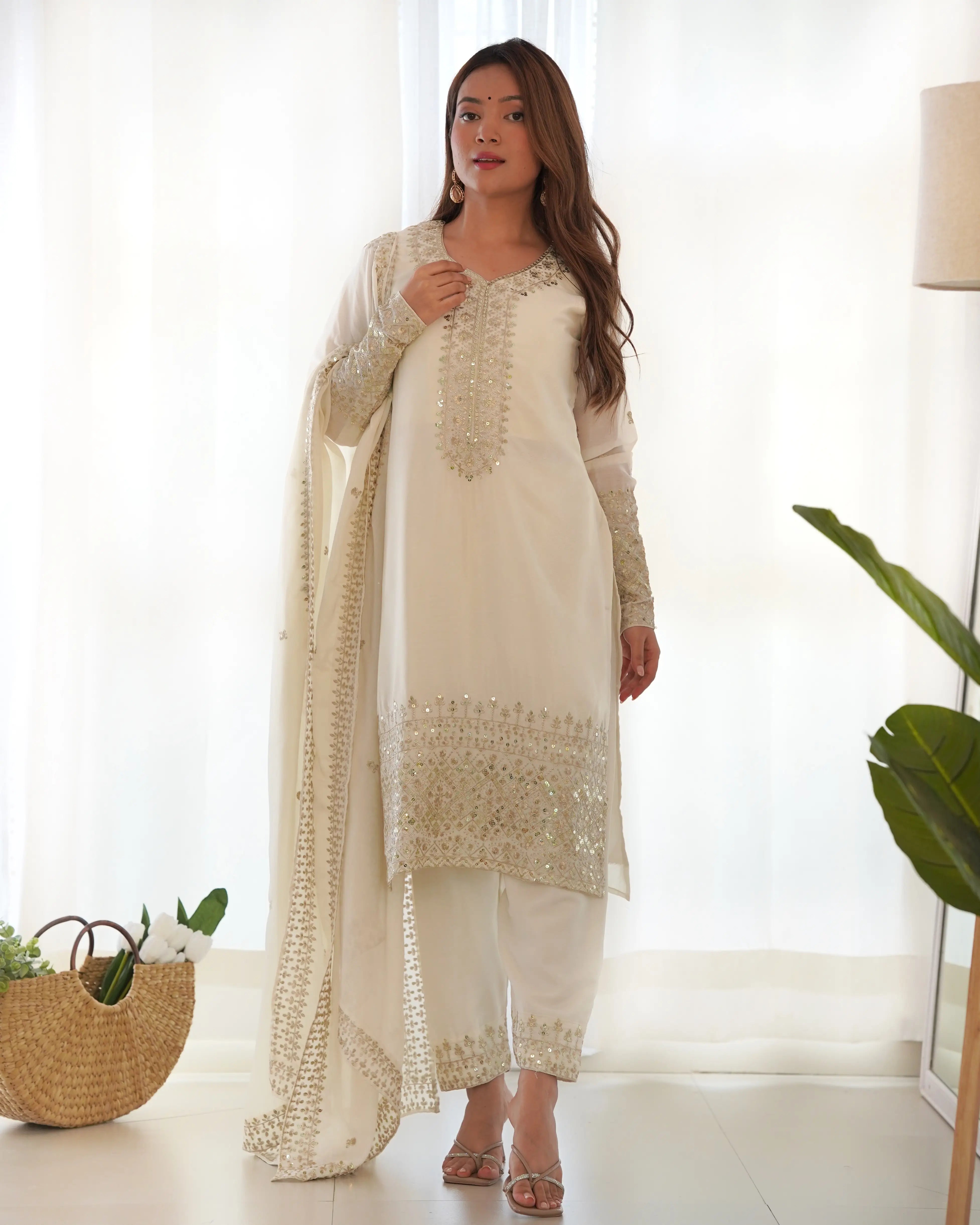 Off White Chinon Silk Straight Salwar Suit With Sequins Embroidery Work