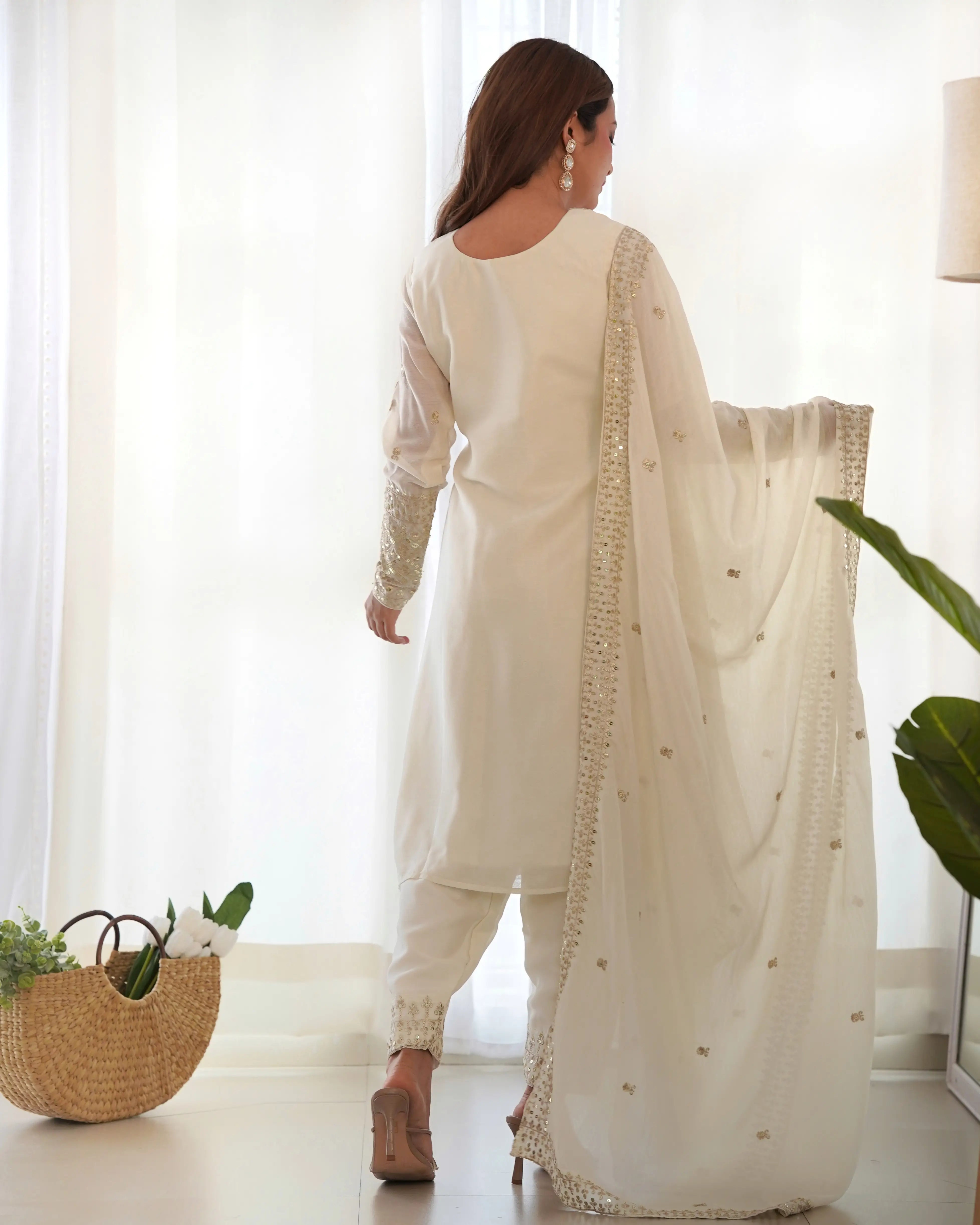 Off White Chinon Silk Straight Salwar Suit With Sequins Embroidery Work - qivii
