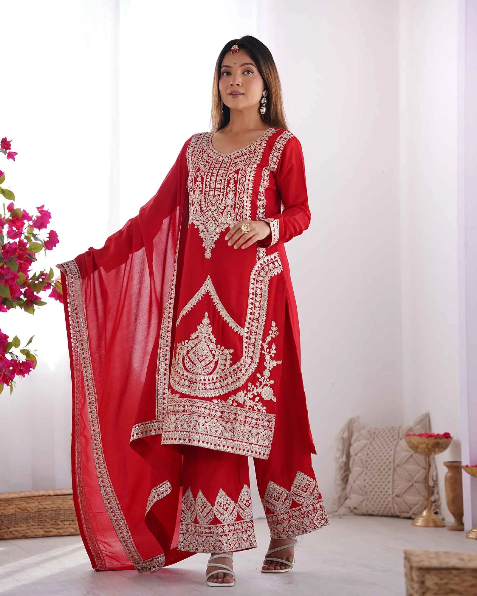 Milano Red Vichitra Silk Salwar Suit With Sequins Embroidery Work With Dupatta - qivii