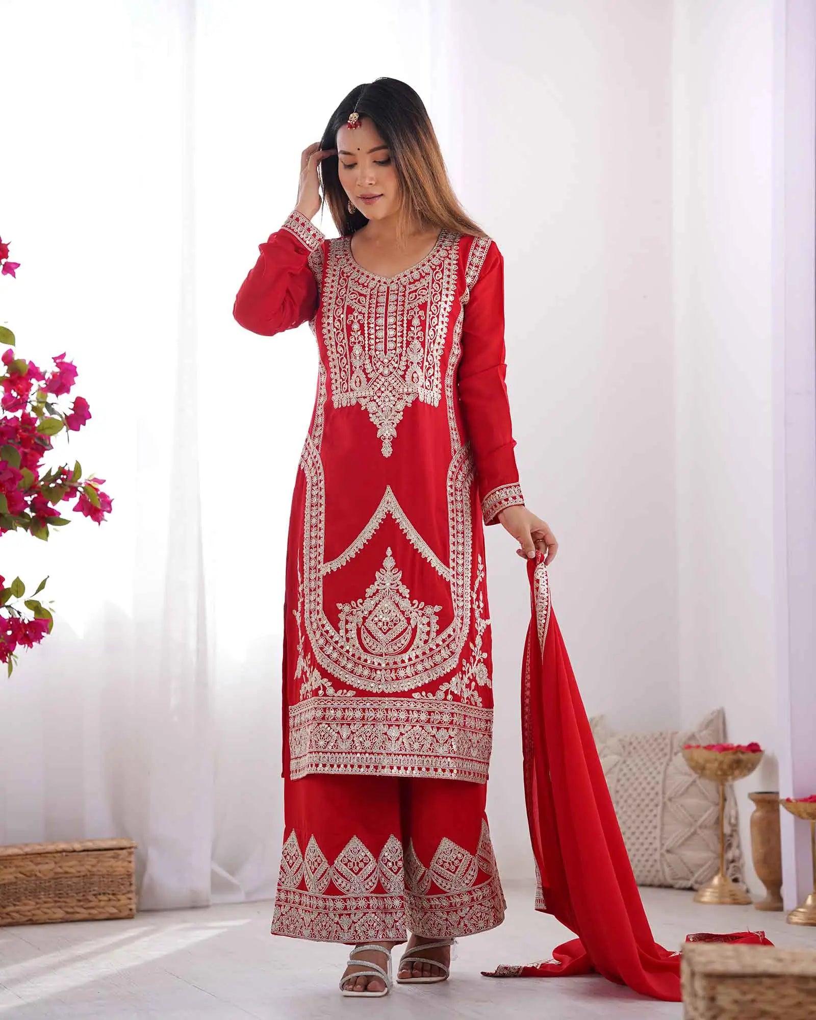 Milano Red Vichitra Silk Salwar Suit With Sequins Embroidery Work With Dupatta - qivii