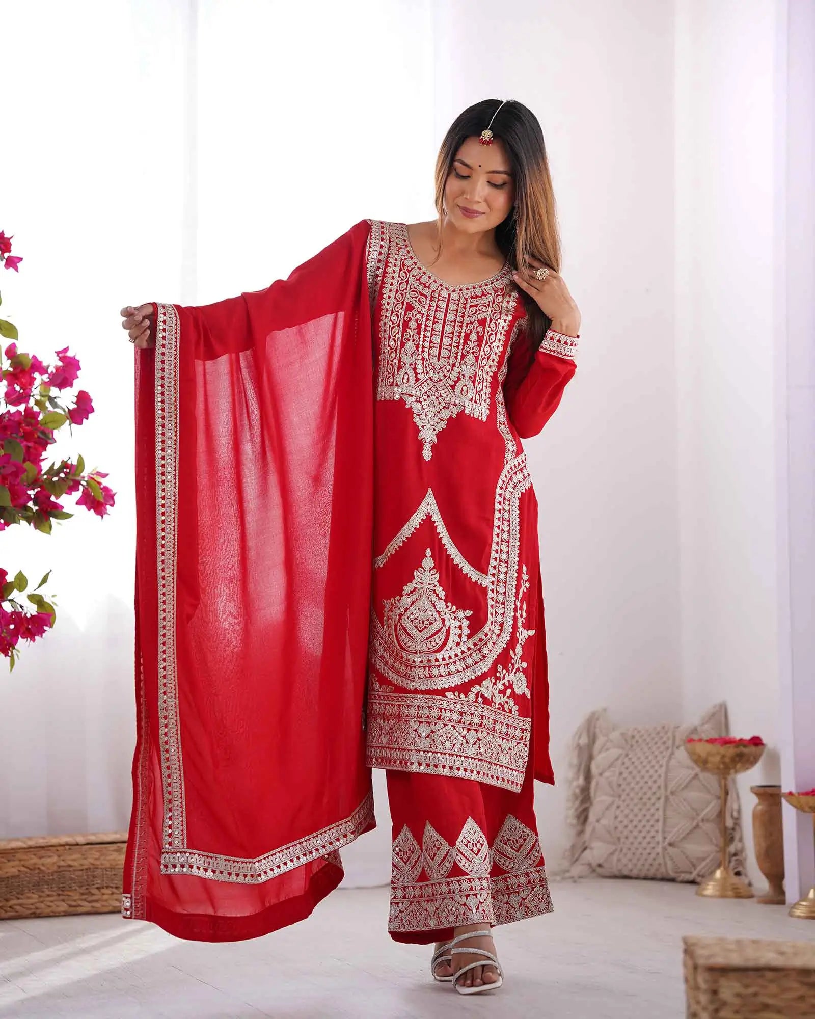 Milano Red Vichitra Silk Salwar Suit With Sequins Embroidery Work With Dupatta - qivii