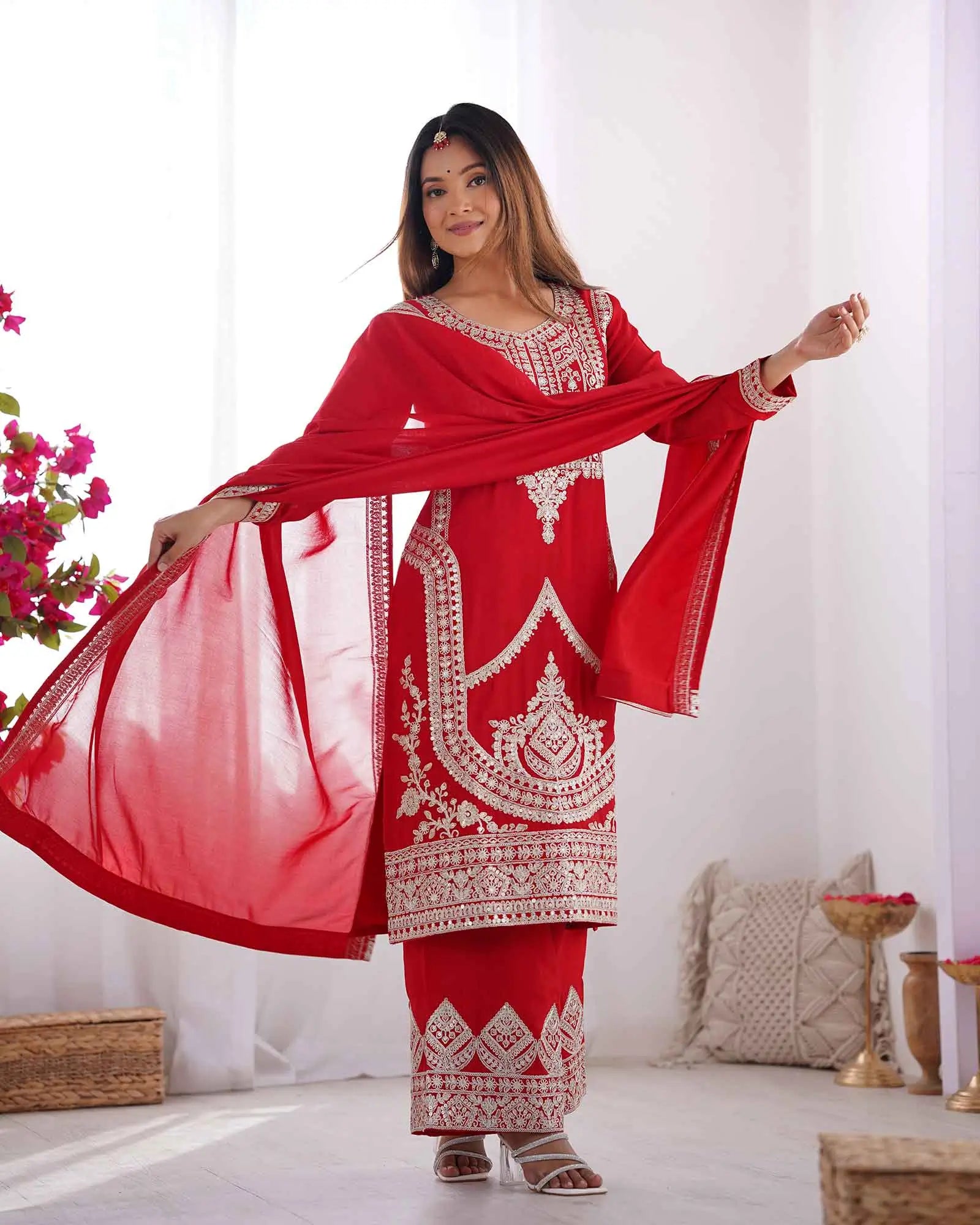 Milano Red Vichitra Silk Salwar Suit With Sequins Embroidery Work With Dupatta - qivii
