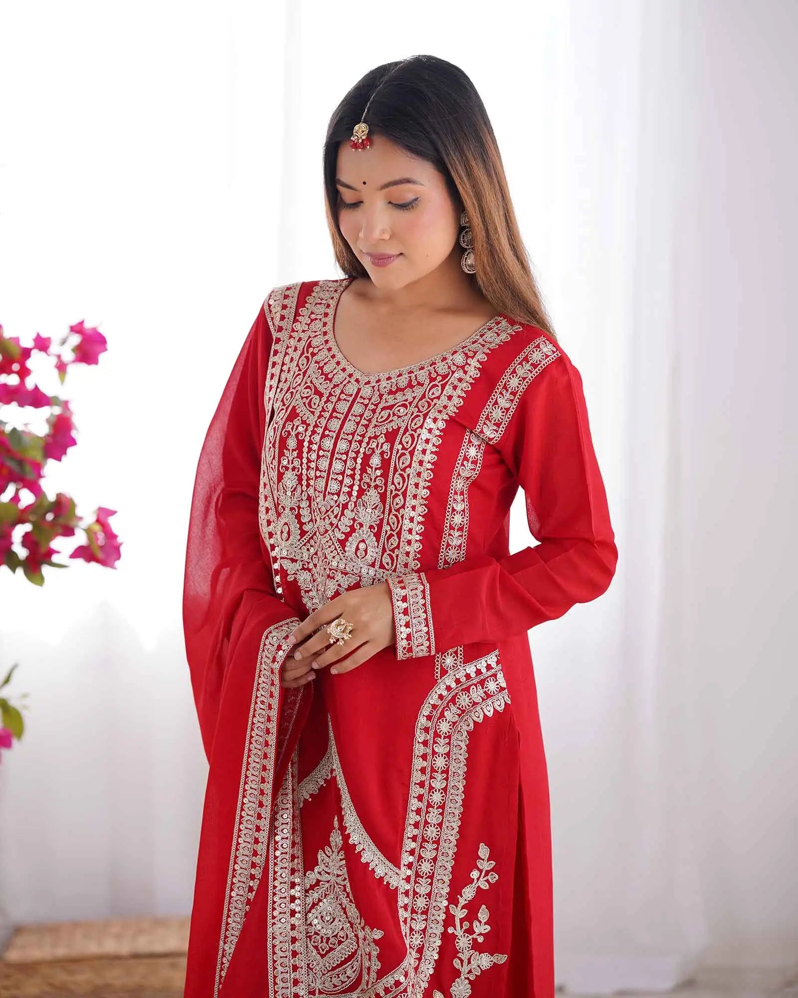 Milano Red Vichitra Silk Salwar Suit With Sequins Embroidery Work With Dupatta - qivii