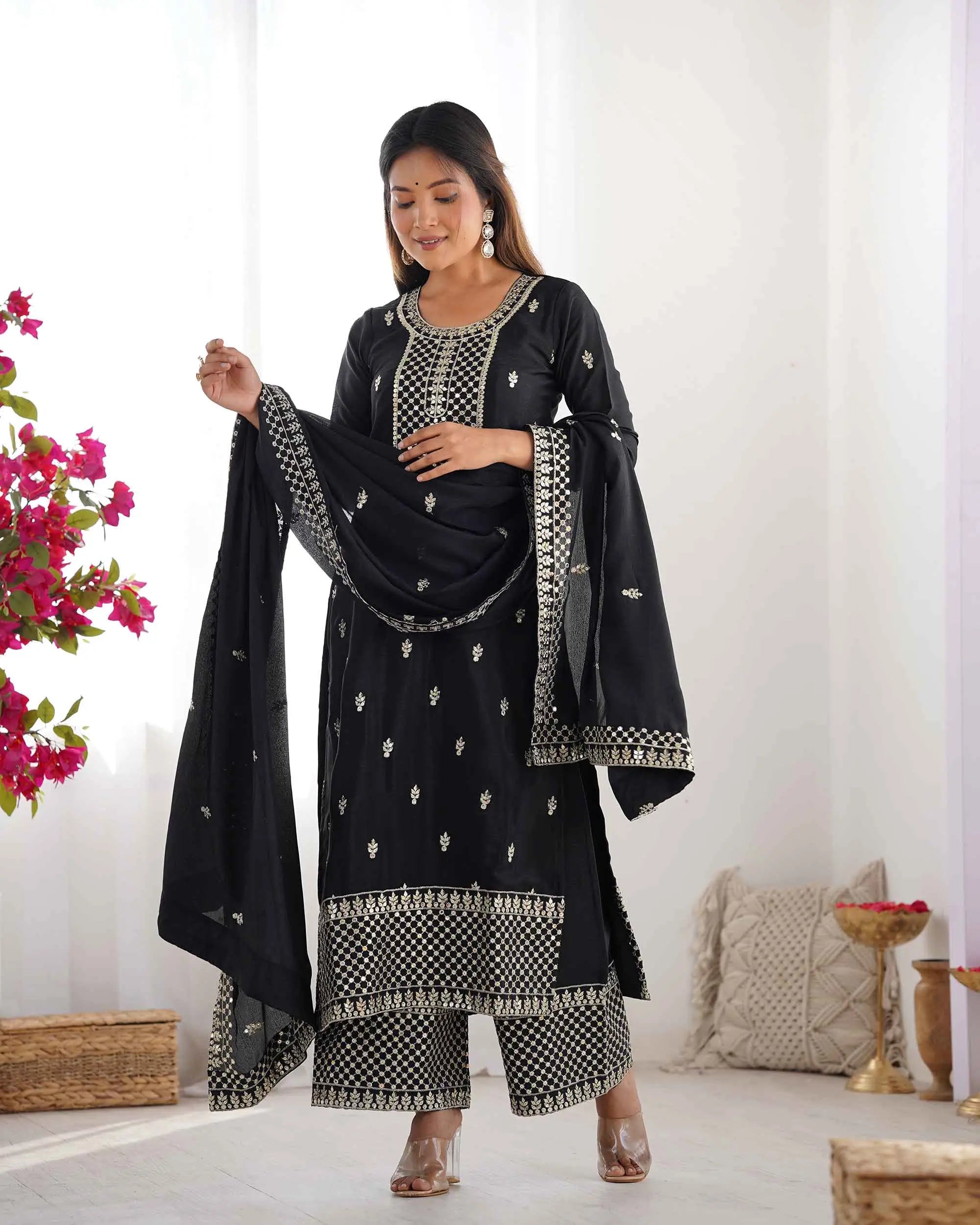 Black Chinon Silk Salwar Suit With Sequins Zari Embroidery Work with Dupatta - qivii