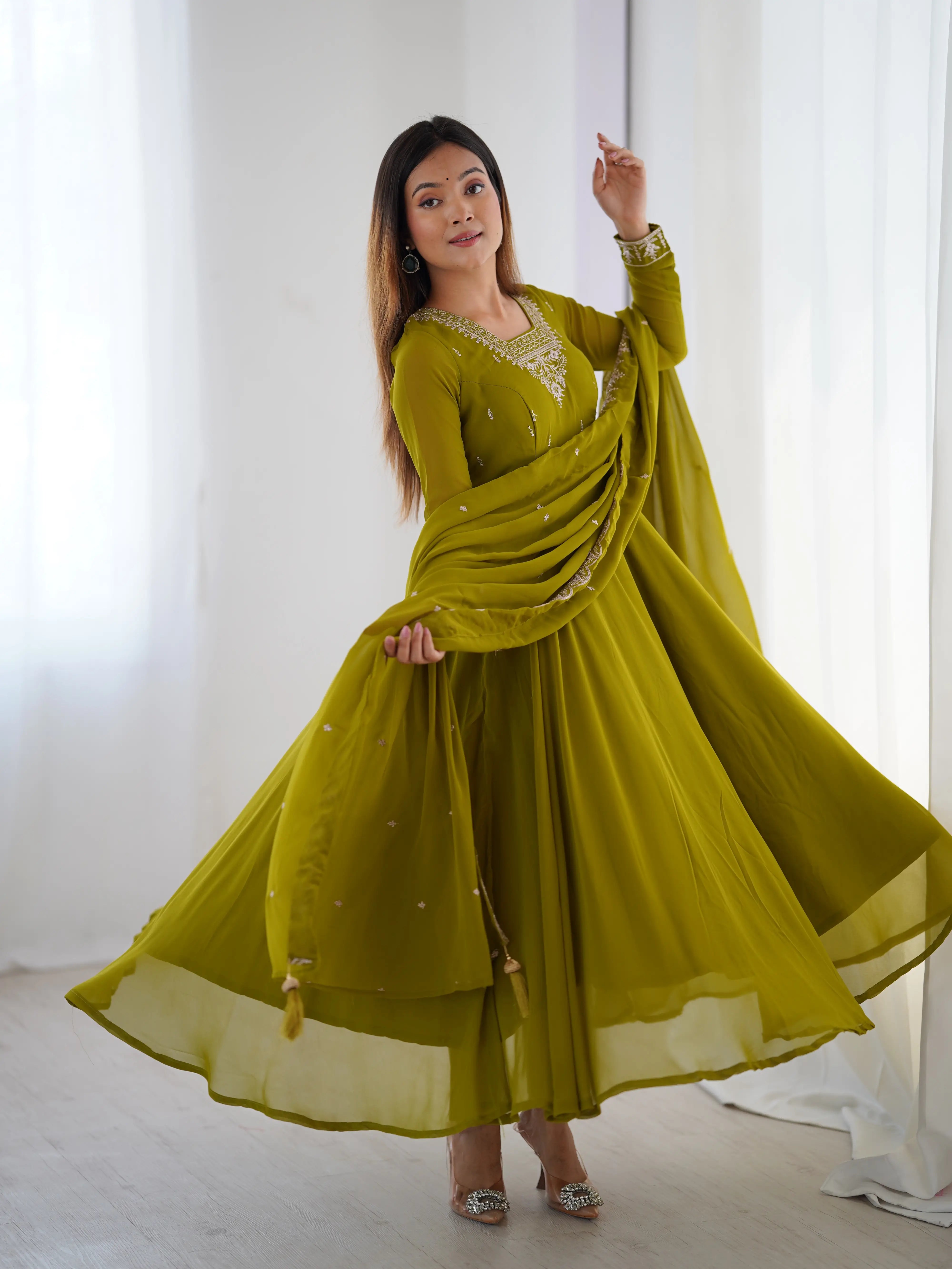 Mehndi Green Designer Embroidery Beads And Zari Work Gown With Dupatta - qivii
