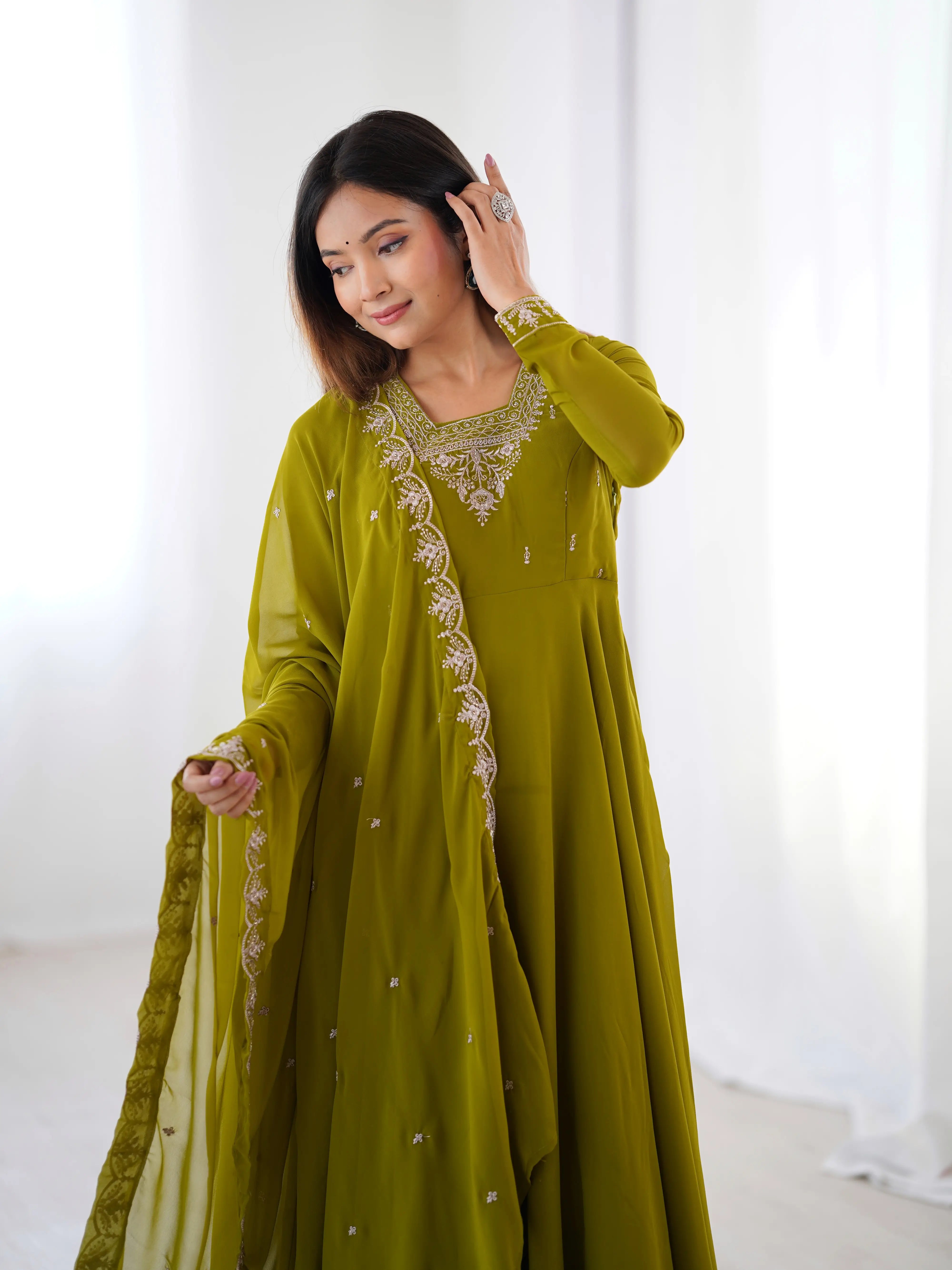 Mehndi Green Designer Embroidery Beads And Zari Work Gown With Dupatta - qivii