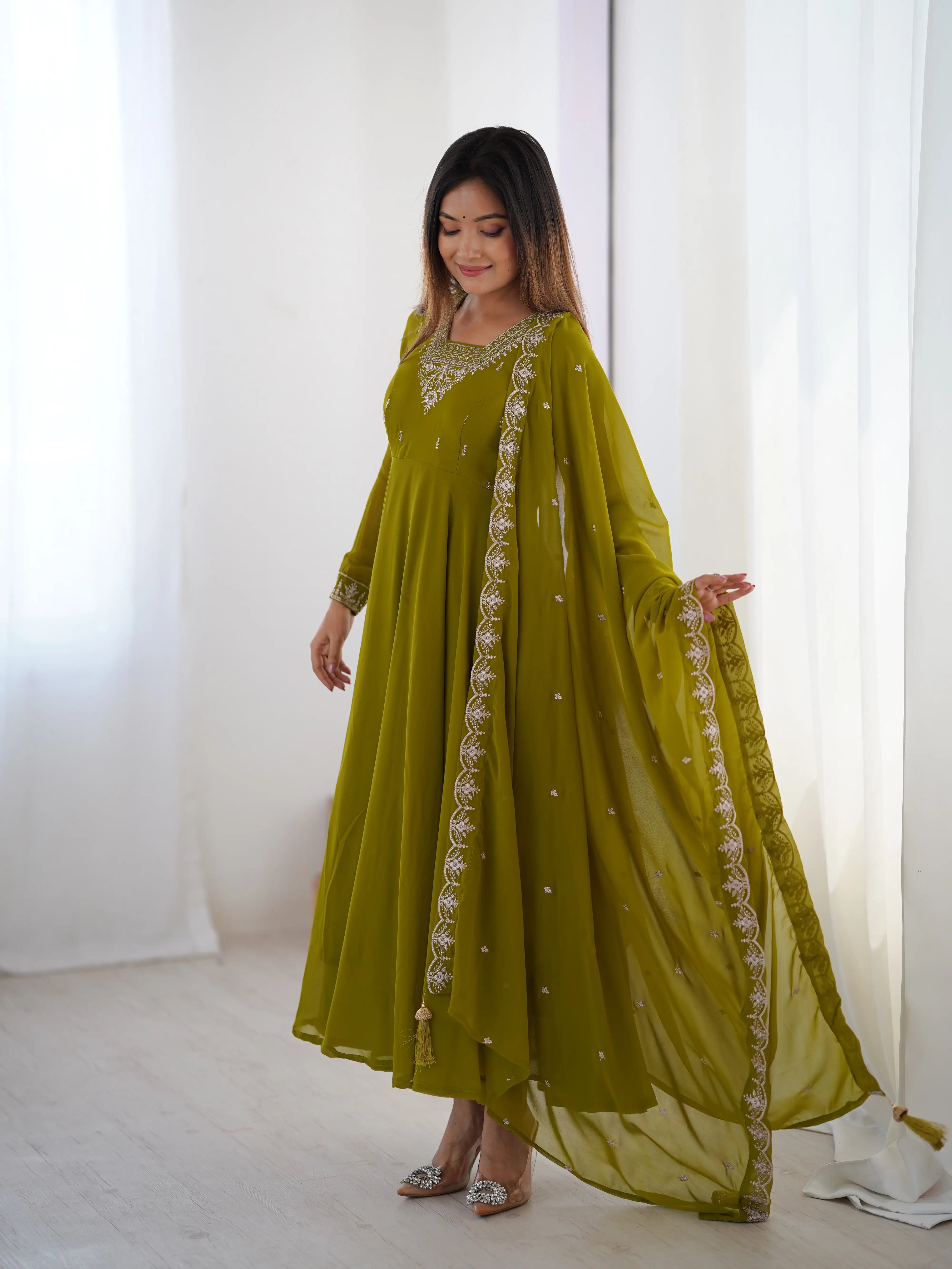 Mehndi Green Designer Embroidery Beads And Zari Work Gown With Dupatta - qivii