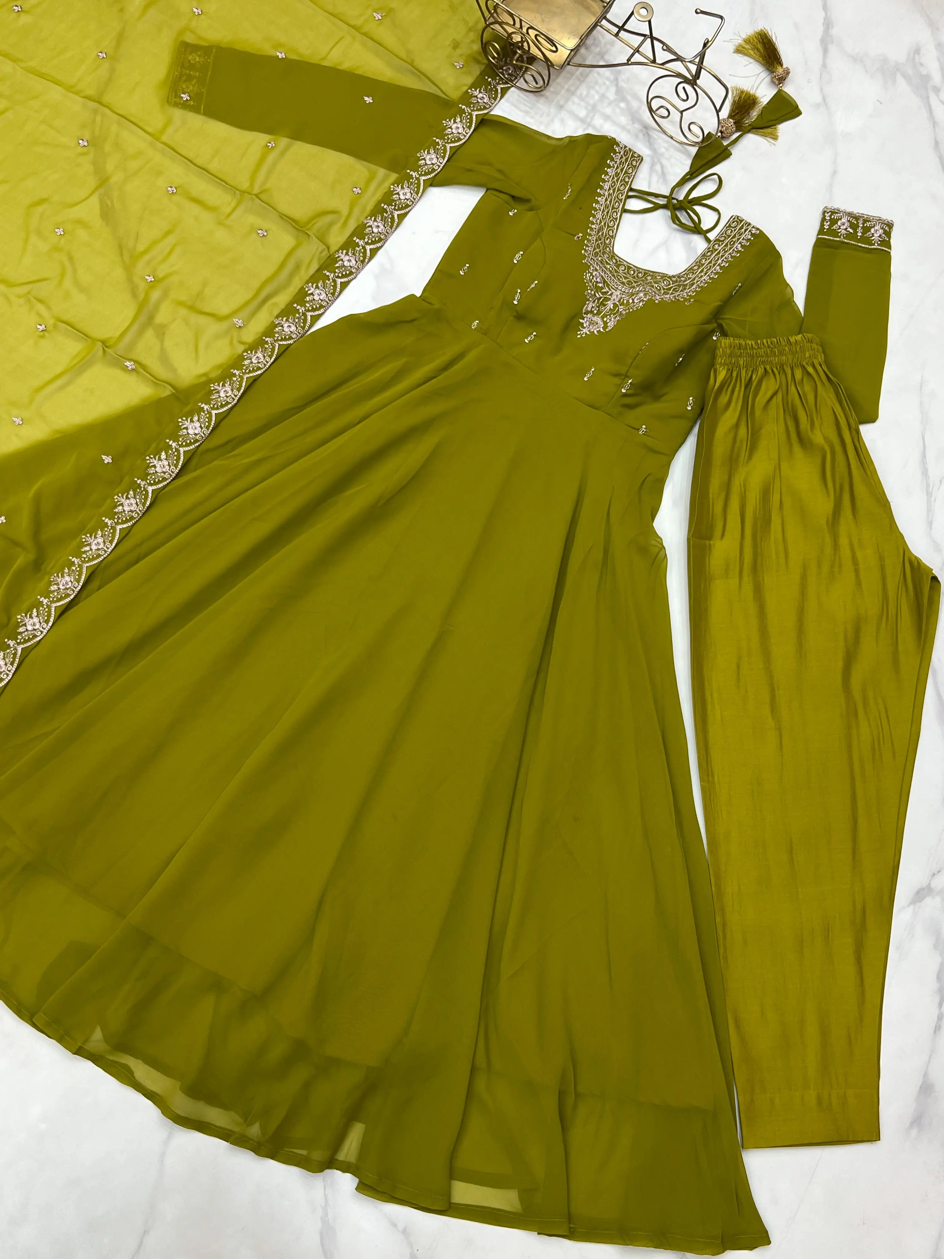 Mehndi Green Designer Embroidery Beads And Zari Work Gown With Dupatta - qivii