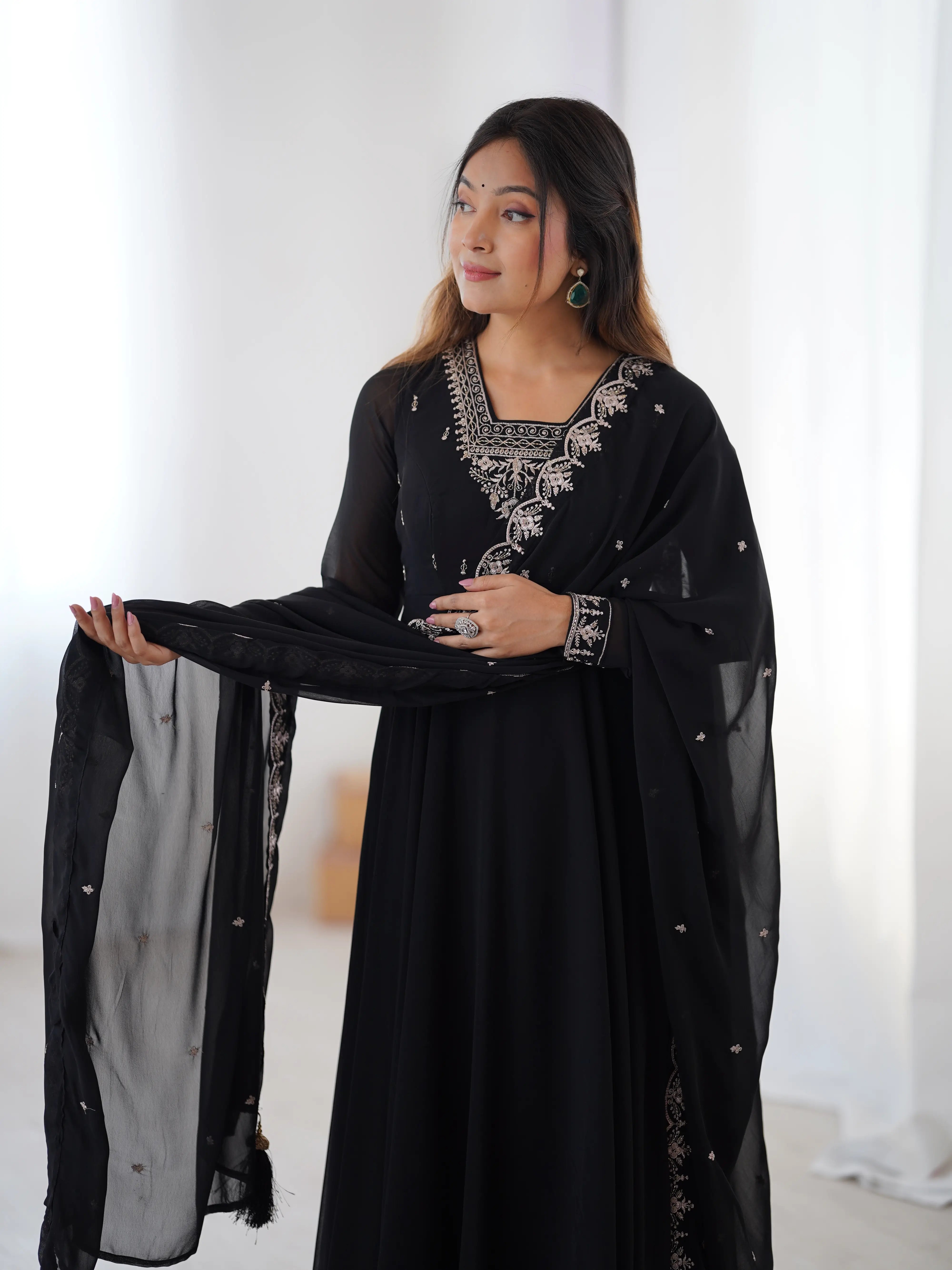 Beautiful Black Designer Embroidery Beads And Zari Work Gown With Dupatta - qivii