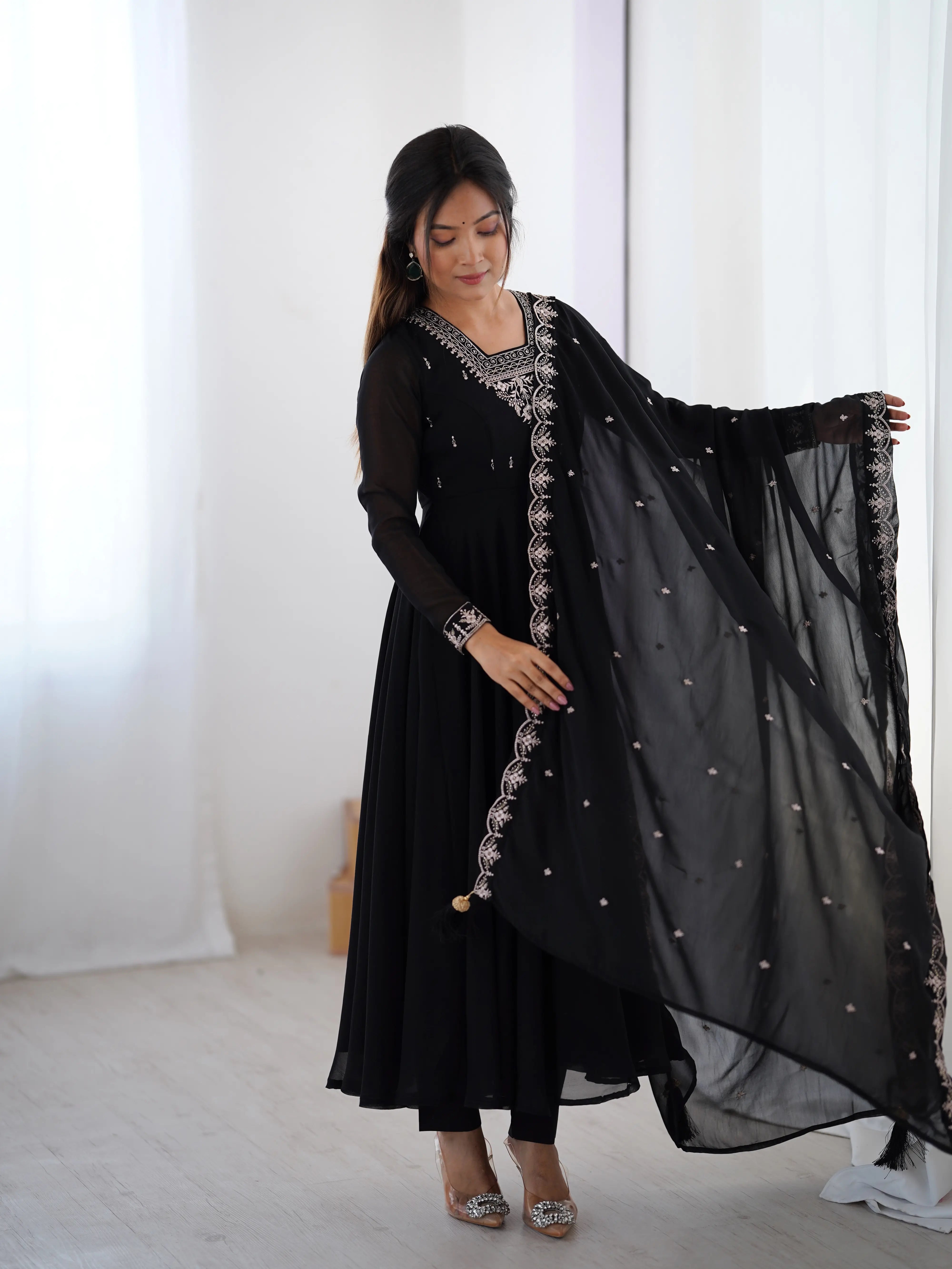 Beautiful Black Designer Embroidery Beads And Zari Work Gown With Dupatta - qivii