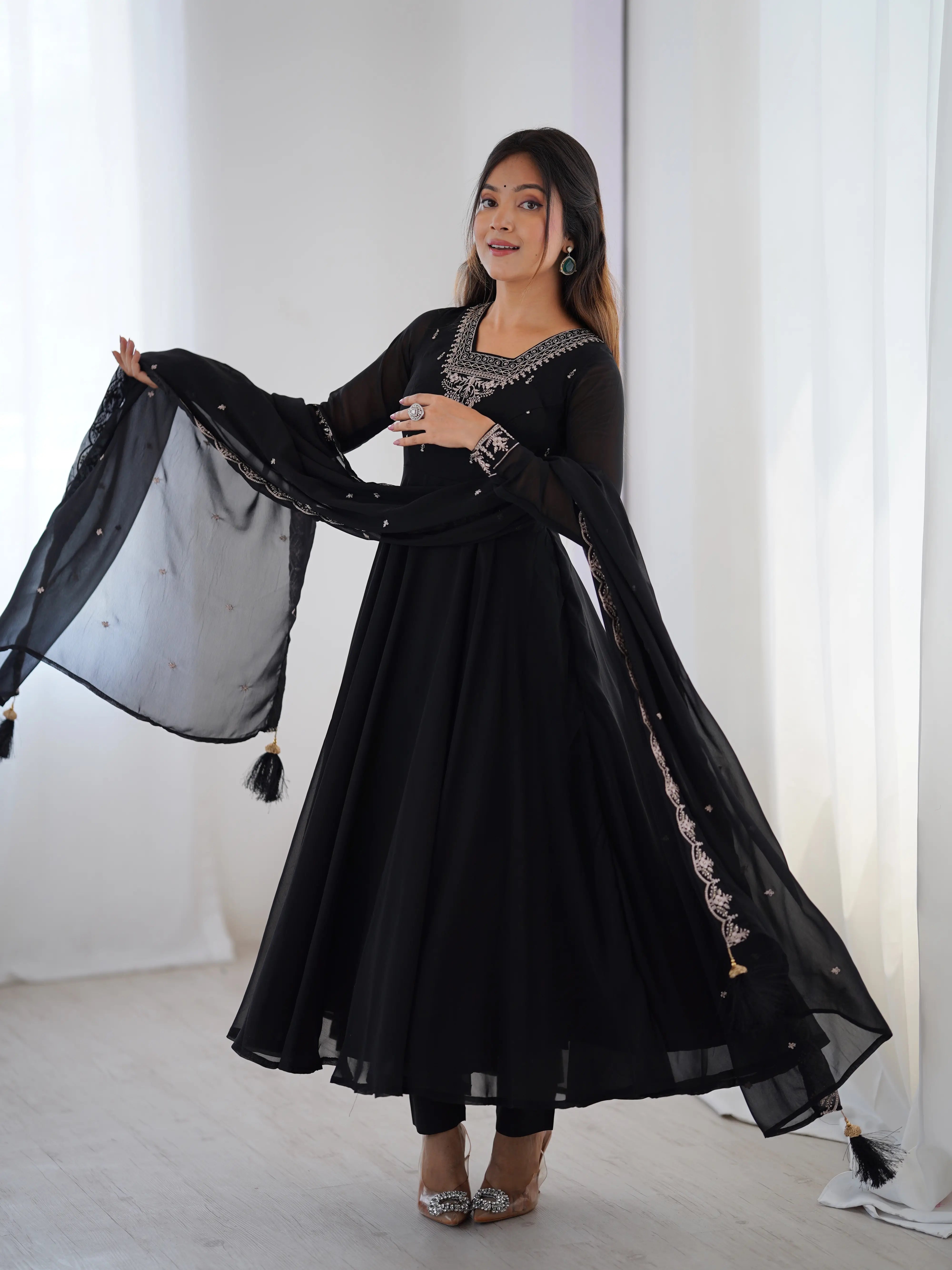 Beautiful Black Designer Embroidery Beads And Zari Work Gown With Dupatta - qivii
