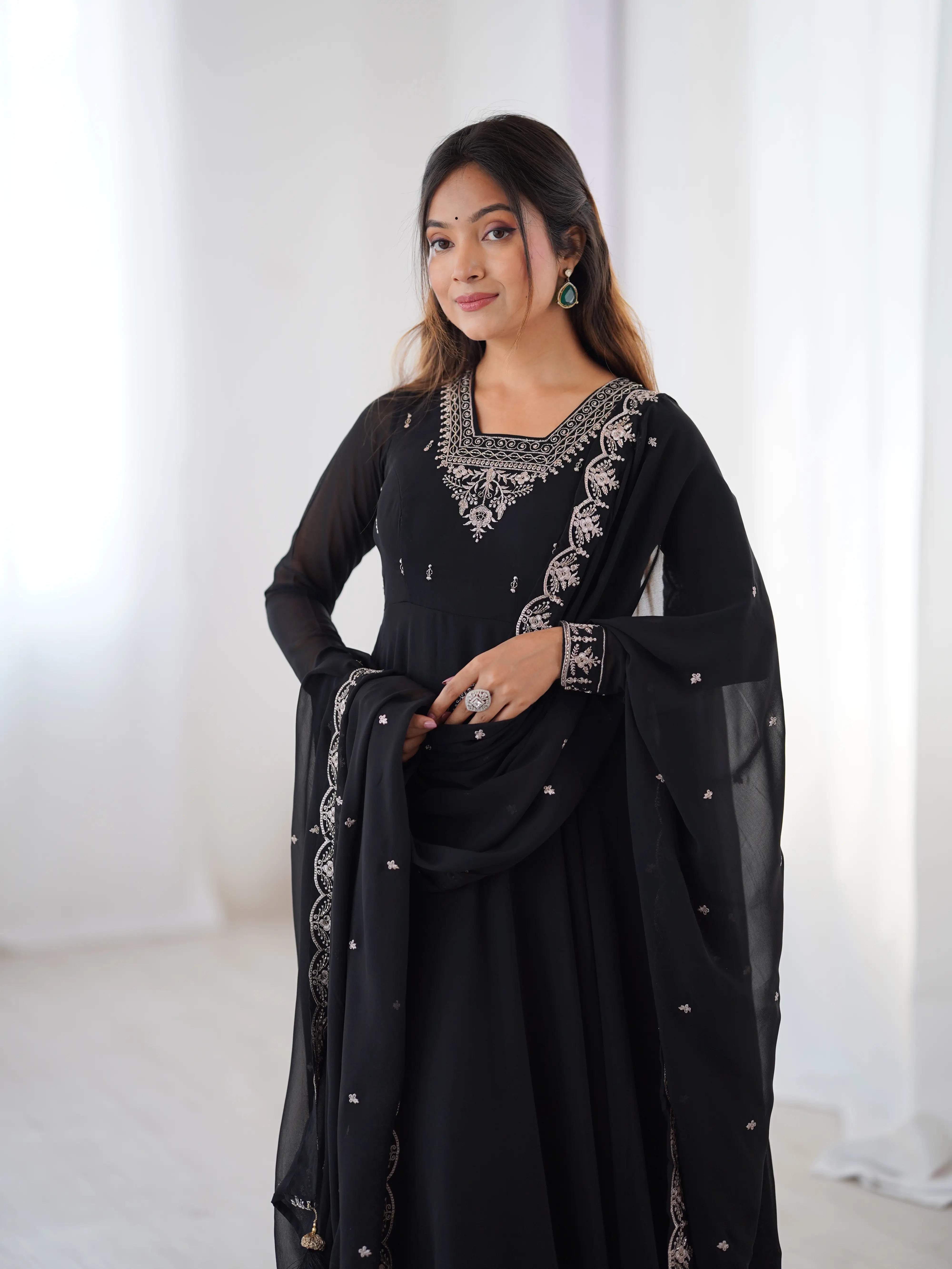 Beautiful Black Designer Embroidery Beads And Zari Work Gown With Dupatta - qivii